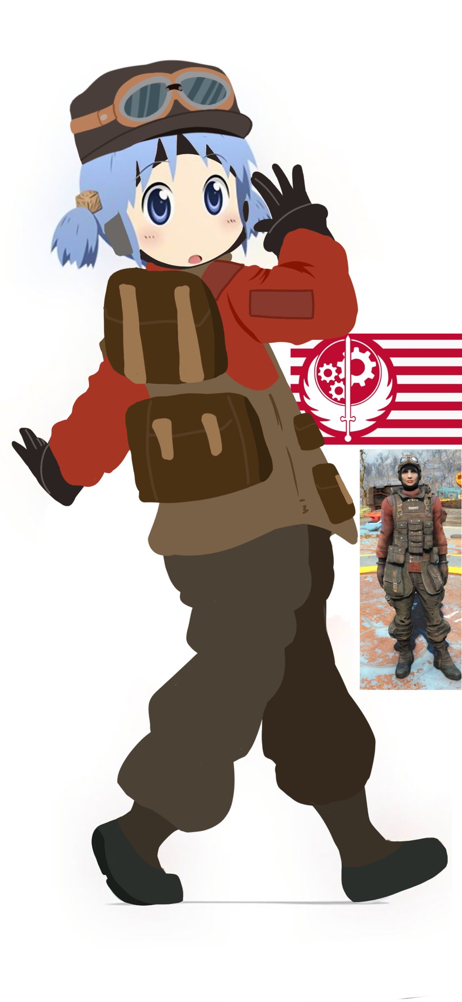 naganohara mio, fallout, fallout (prime video), nichijou, highres, blue eyes, blue hair, brotherhood of steel, kingbuger, looking at viewer, short hair, short twintails, twintails