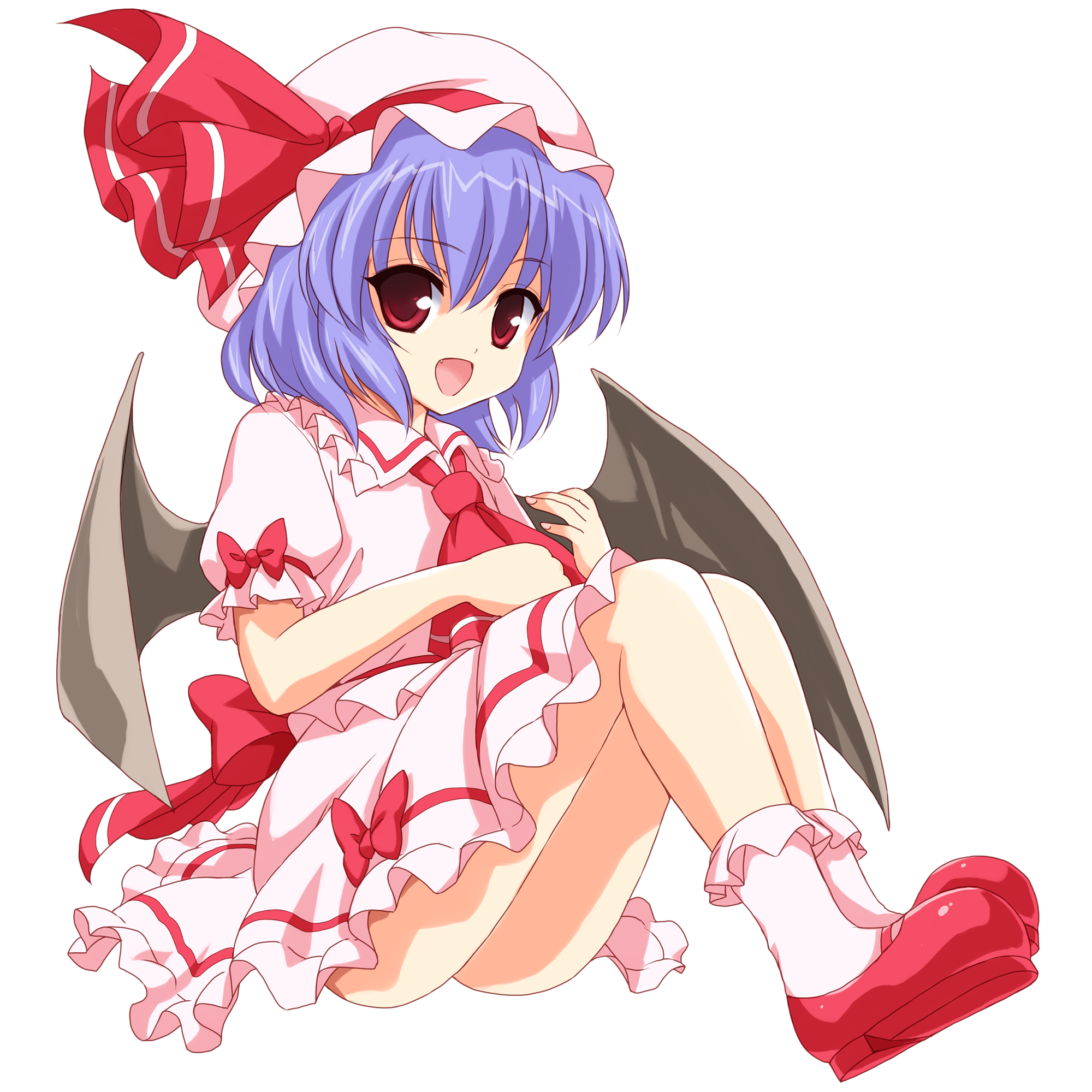 marugoshi (54burger), remilia scarlet, touhou, bad id, bad pixiv id, highres, 1girl, bat wings, blue hair, fang, female focus, full body, hat, open mouth, puffy short sleeves, puffy sleeves, red eyes, ribbon, shoes, short hair, short sleeves, smile, socks, solo, transparent background, wings
