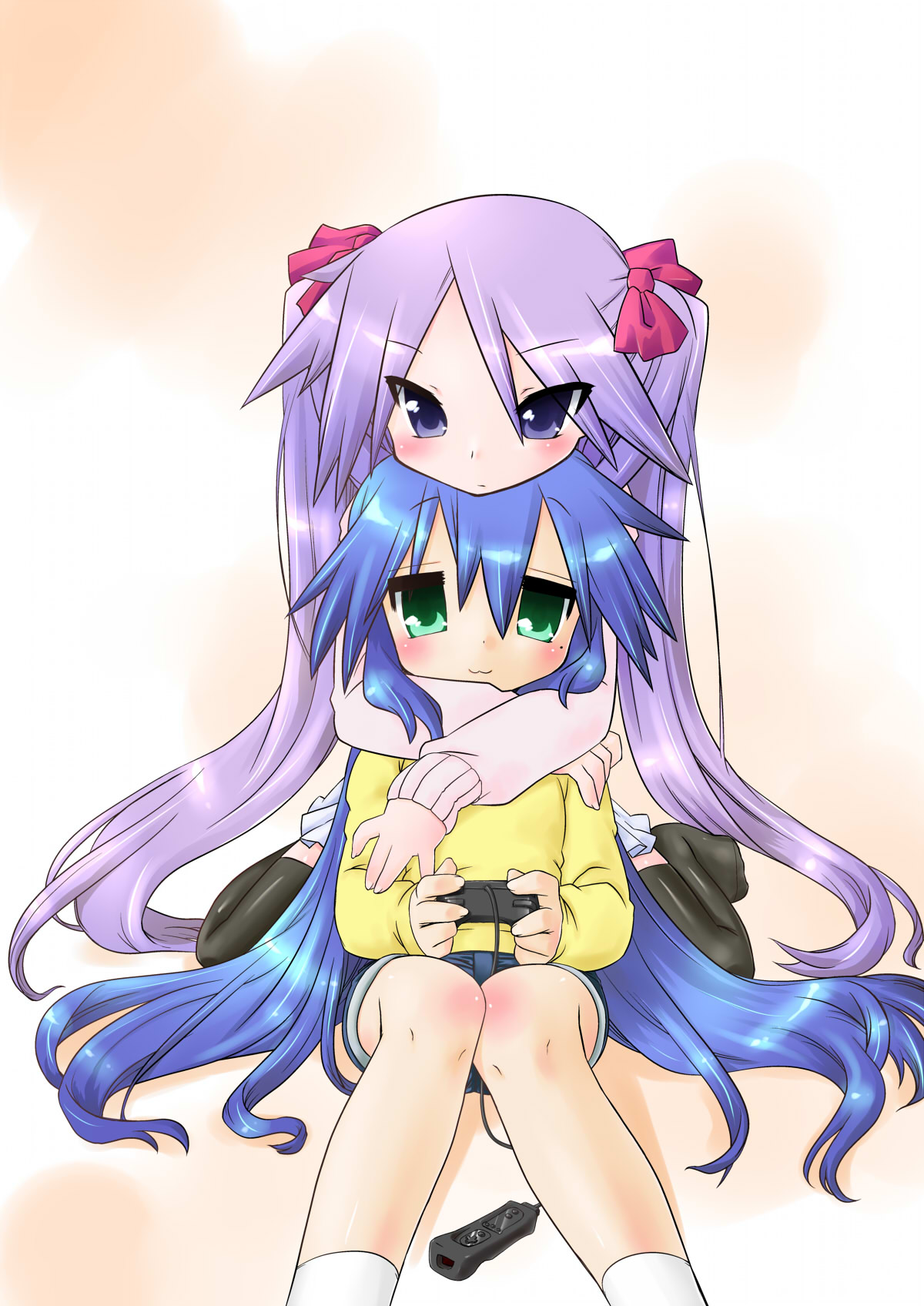 kogaku kazuya, monkintoraago, hiiragi kagami, izumi konata, lucky star, bad id, bad pixiv id, highres, 00s, 2girls, :3, black thighhighs, blue eyes, blue hair, blush, controller, game console, game controller, green eyes, hair ribbon, hug, hug from behind, long hair, mole, mole under eye, multiple girls, purple hair, ribbon, shorts, sitting, skirt, socks, thighhighs, tsurime, twintails, very long hair, wii, yuri, zettai ryouiki