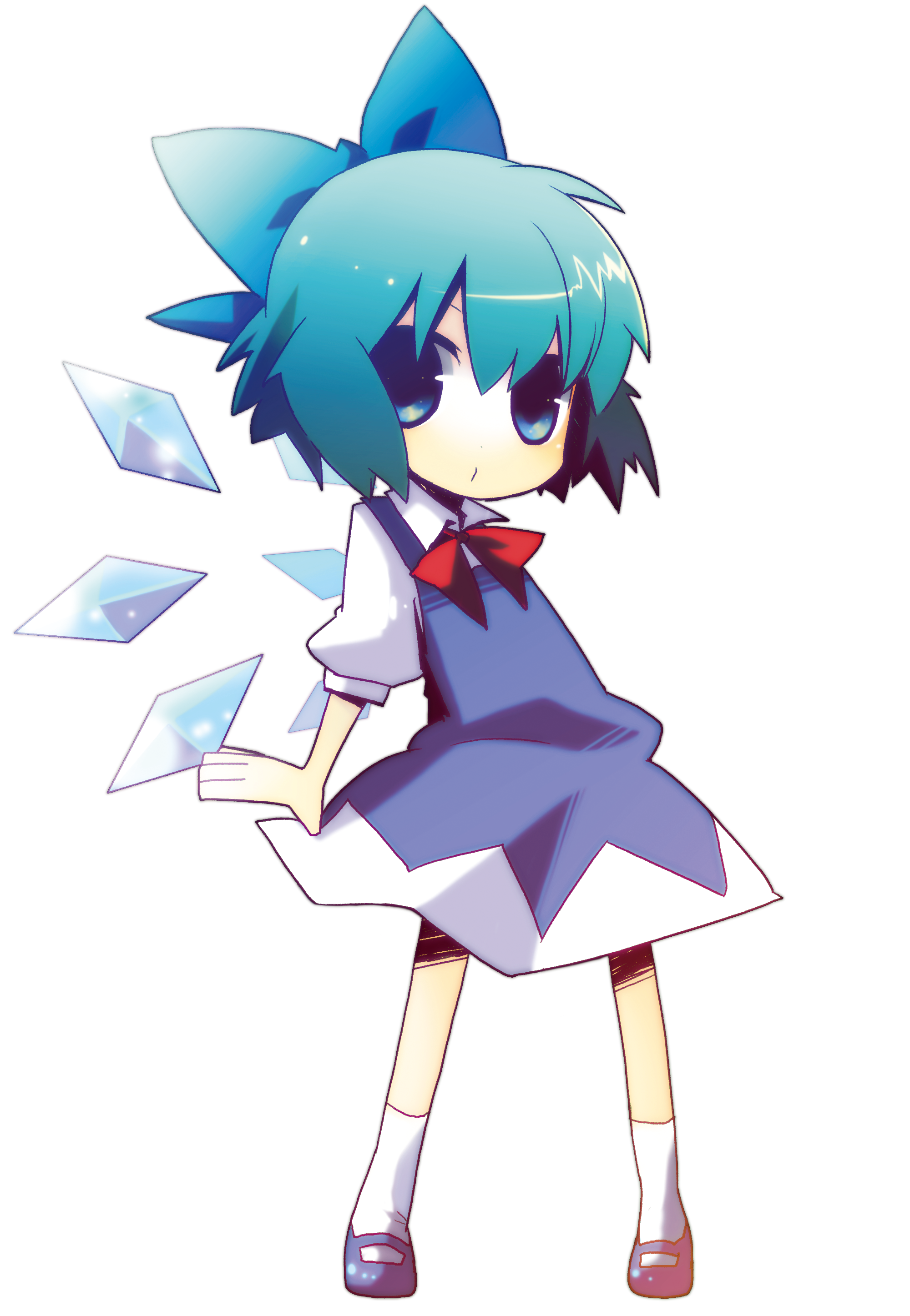 yuzuki gao, cirno, embodiment of scarlet devil, team shanghai alice, touhou, absurdres, highres, blue eyes, blue hair, bow, chibi, circled 9, full body, hair bow, ribbon, short hair, solo, transparent background, wings