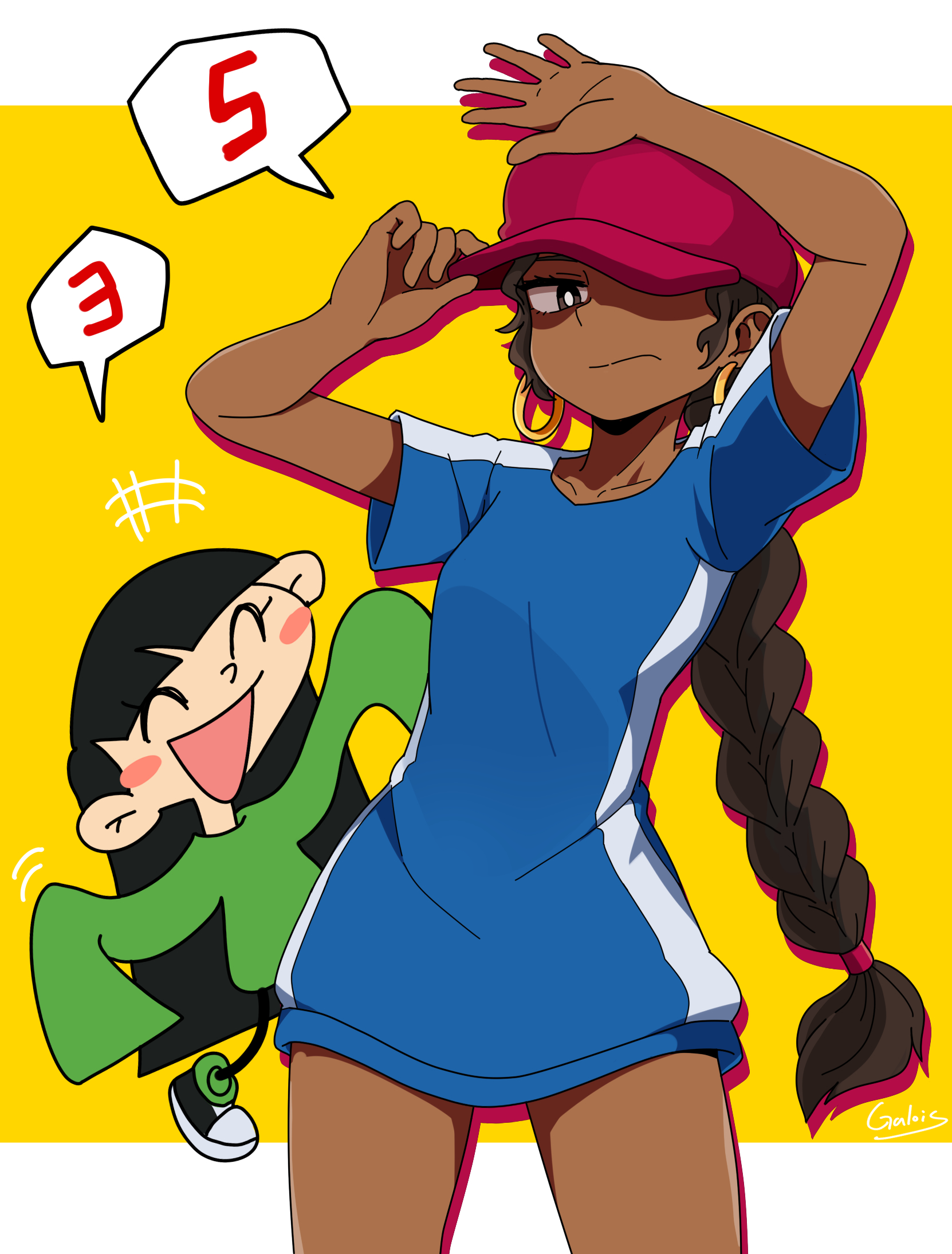 galois, numbuh 3, numbuh 5, codename: kids next door, commentary, english commentary, highres, 2girls, ^ ^, baseball cap, black hair, blue shirt, blush stickers, braid, brown eyes, closed eyes, dark-skinned female, dark skin, green sweater, hair tie, hat, multiple girls, shirt, shoes, single braid, sleeves past fingers, sleeves past wrists, sneakers, sweater