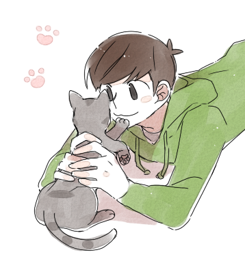 keep (dmswls6145), edd (eddsworld), eddsworld, commentary, lowres, 1boy, :3, animal, animification, antenna hair, blush stickers, brown eyes, brown hair, cat, drawstring, grey cat, hair behind ear, holding, holding animal, holding cat, hood, hood down, hoodie, long sleeves, lying, male focus, on stomach, paw print, pawpads, ringo (eddsworld), short hair, simple background, sitting, sketch, smile, solo focus, tabby cat, upper body, white background