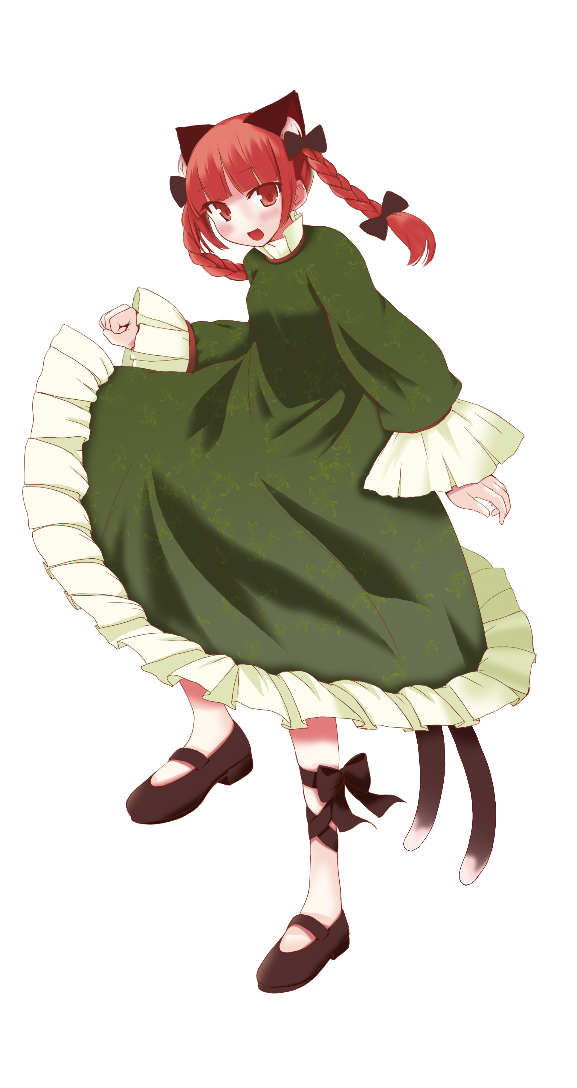 kamarara, kaenbyou rin, touhou, absurdres, highres, 1girl, animal ears, bow, braid, cat ears, cat girl, cat tail, female focus, full body, hair ribbon, multiple tails, open mouth, red eyes, red hair, ribbon, shoes, short hair, smile, solo, standing, tail, transparent background, twin braids, twintails