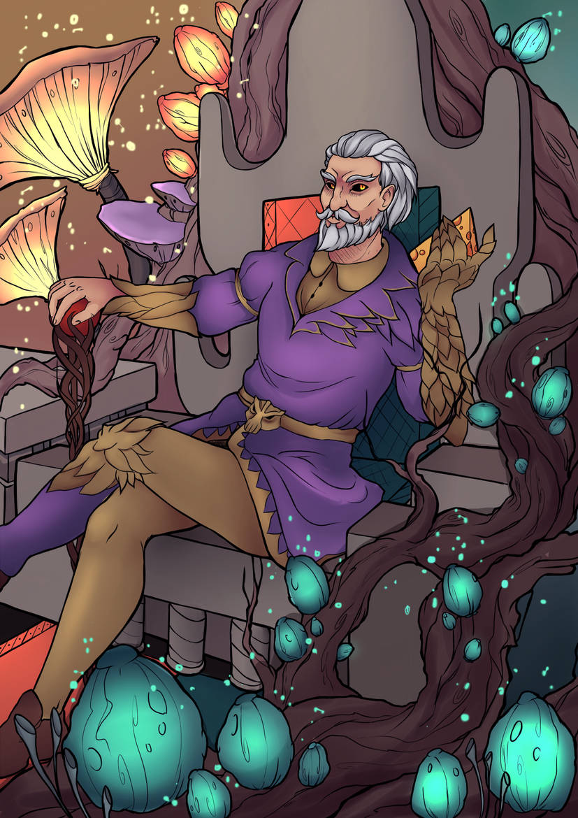 sheogorath, the elder scrolls, the elder scrolls iv: oblivion, commentary, 1boy, beard, black sclera, brown shirt, brown shoes, cane, cheese, colored sclera, crossed legs, dress shirt, facial hair, food, giant mushroom, glowing mushroom, hair slicked back, jacket, light particles, looking at viewer, mage staff, male focus, mushroom, mustache, ornate clothes, pants, pantyhose, plant roots, purple jacket, relmina-7, shirt, shoes, sitting on throne, slit pupils, solo, staff, throne, white hair, yellow eyes, yellow pants, yellow shirt