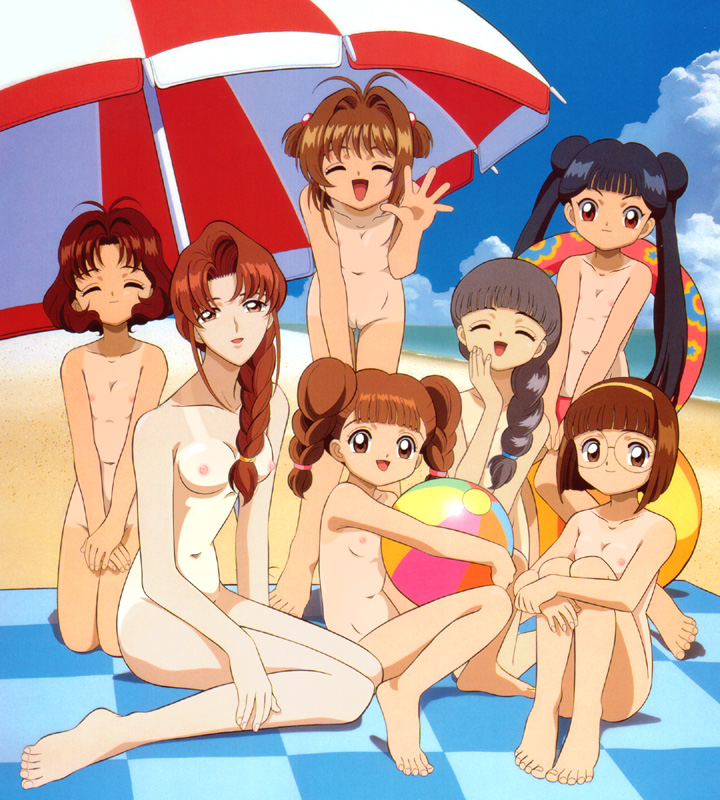 daidouji tomoyo, kinomoto sakura, li meiling, mihara chiharu, mizuki kaho, sasaki rika, yanagisawa naoko, cardcaptor sakura, nude filter, third-party edit, 1990s (style), 6+girls, age difference, ball, barefoot, beach, beachball, black hair, breasts, brown hair, feet, female focus, loli, long hair, multiple girls, nipples, nude, nudist, onee-loli, outdoors, parasol, pussy, retro artstyle, short hair, tan, tanline, toes, umbrella, uncensored