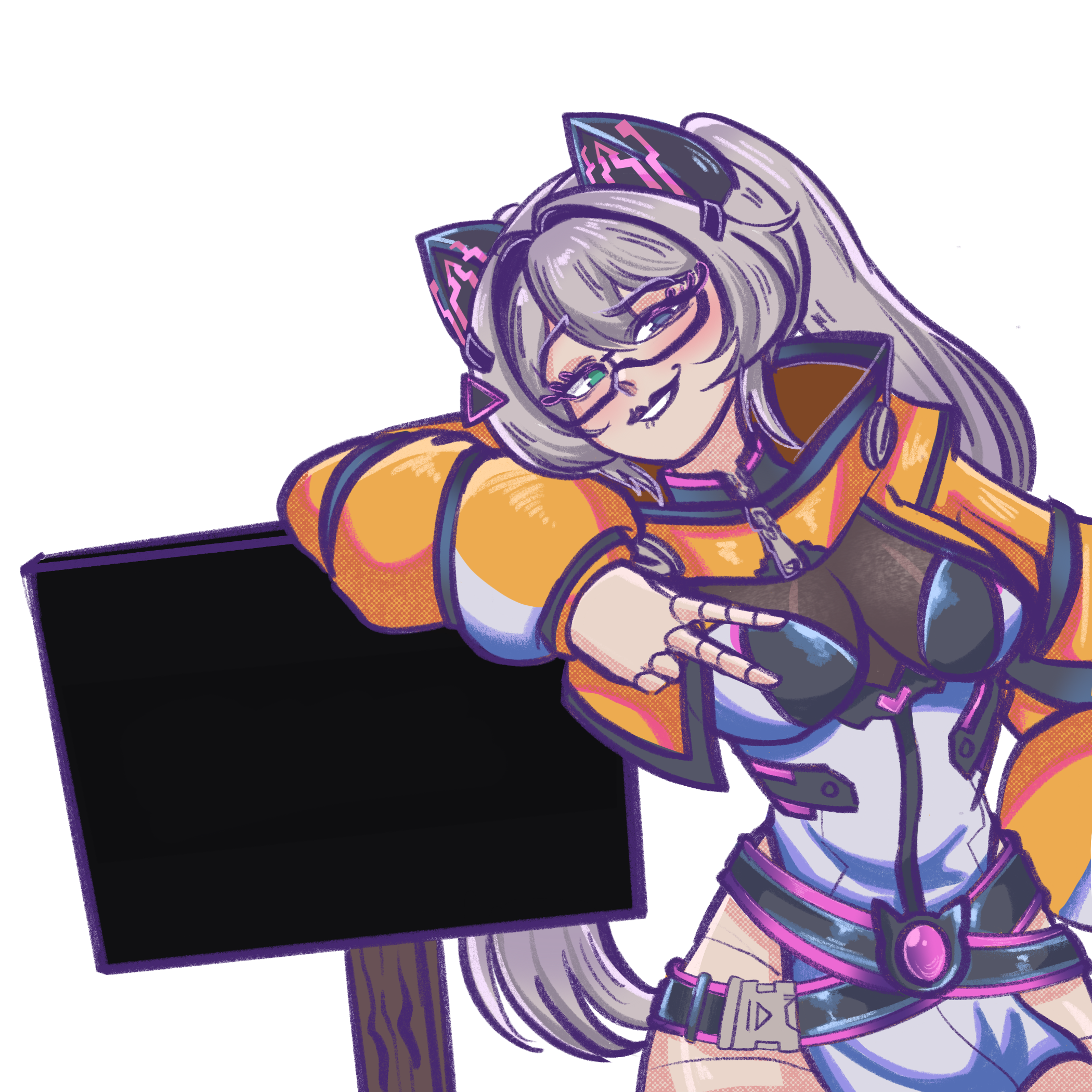 indie virtual youtuber, artist request, check artist, highres, non-web source, animal ears, cat ears, glasses, heterochromia, long hair, smug, taru nashi, taru nashi (vtuber), virtual youtuber, white hair