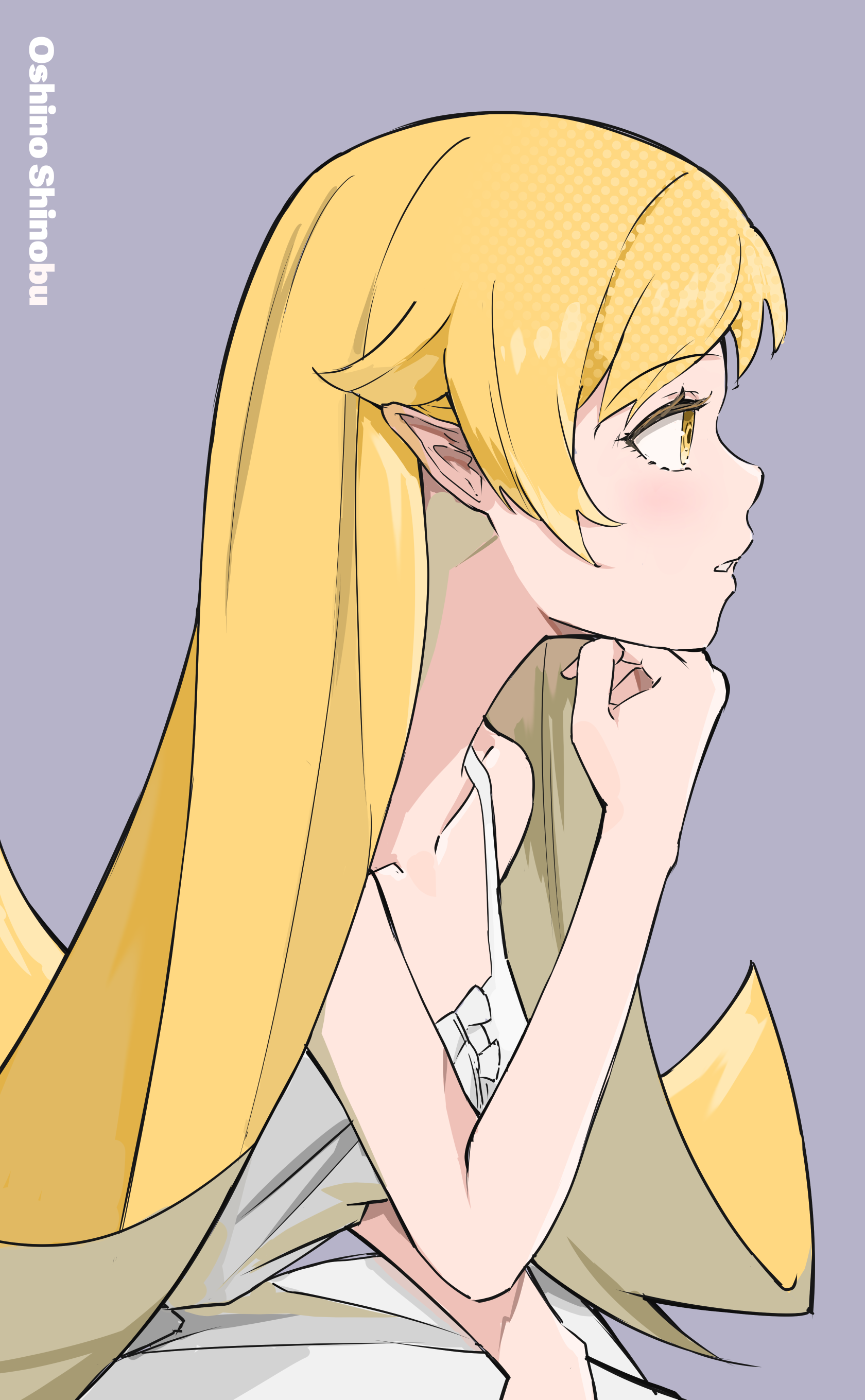 kinrucy, kiss-shot acerola-orion heart-under-blade, kiss-shot acerola-orion heart-under-blade (young), oshino shinobu, kizumonogatari, monogatari (series), absurdres, commentary request, highres, korean commentary, 1girl, blonde hair, collarbone, dress, from side, hand on own chin, hand on own face, head rest, long hair, open mouth, pointy ears, simple background, very long hair, white dress, yellow eyes