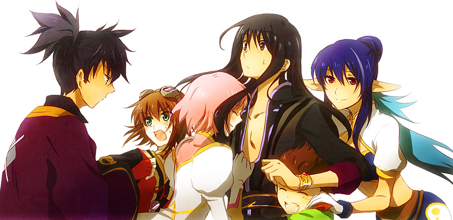 satsu, estellise sidos heurassein, judith (tales), karol capel, raven (tales), rita mordio, yuri lowell, tales of (series), tales of vesperia, 00s, 3boys, 3girls, black hair, blue hair, bracelet, brown hair, choker, goggles, green eyes, hug, hug from behind, jewelry, long hair, multiple boys, multiple girls, pink hair, pointy ears, ponytail, purple eyes, short hair