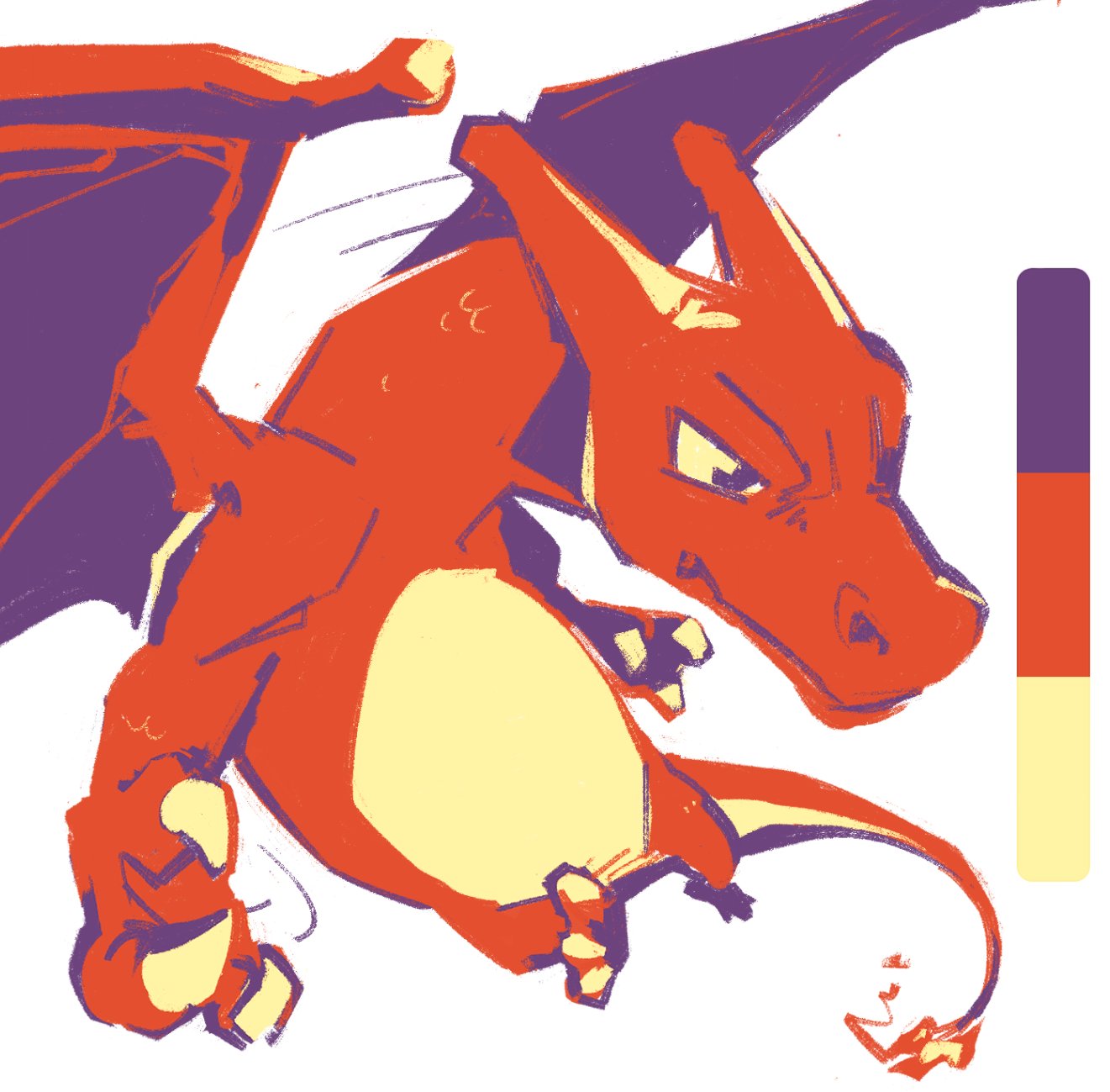 vertiiyy, charizard, nintendo, pokemon, commentary, english commentary, highres, claws, closed mouth, color guide, fang, fang out, fire, flame-tipped tail, full body, gen 1 pokemon, horns, no humans, pokemon (creature), pokemon focus, simple background, tail, white background, wings