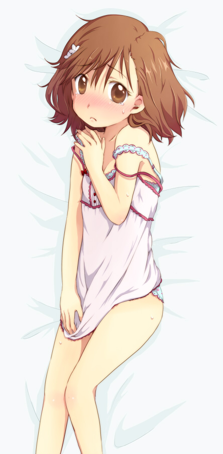 nae (rno), misaka mikoto, toaru kagaku no railgun, toaru majutsu no index, bad id, bad pixiv id, 00s, 1girl, bed, blush, brown eyes, brown hair, camisole, covering privates, female focus, lingerie, shirt tug, shy, solo, strap slip, tears, underwear