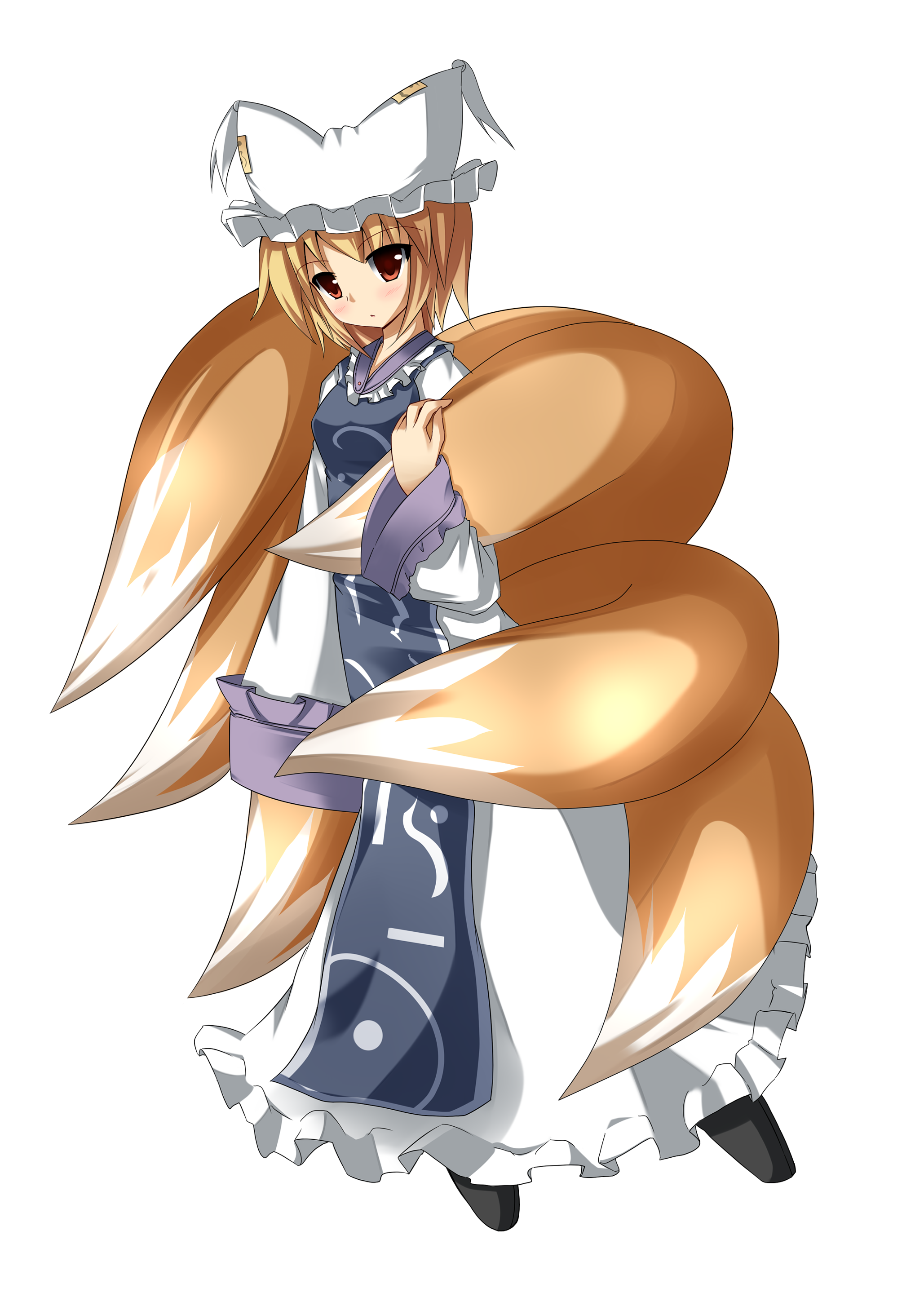 liya, yakumo ran, touhou, absurdres, highres, 1girl, blonde hair, blush, female focus, fox tail, full body, hat, multiple tails, red eyes, short hair, solo, tail, transparent background