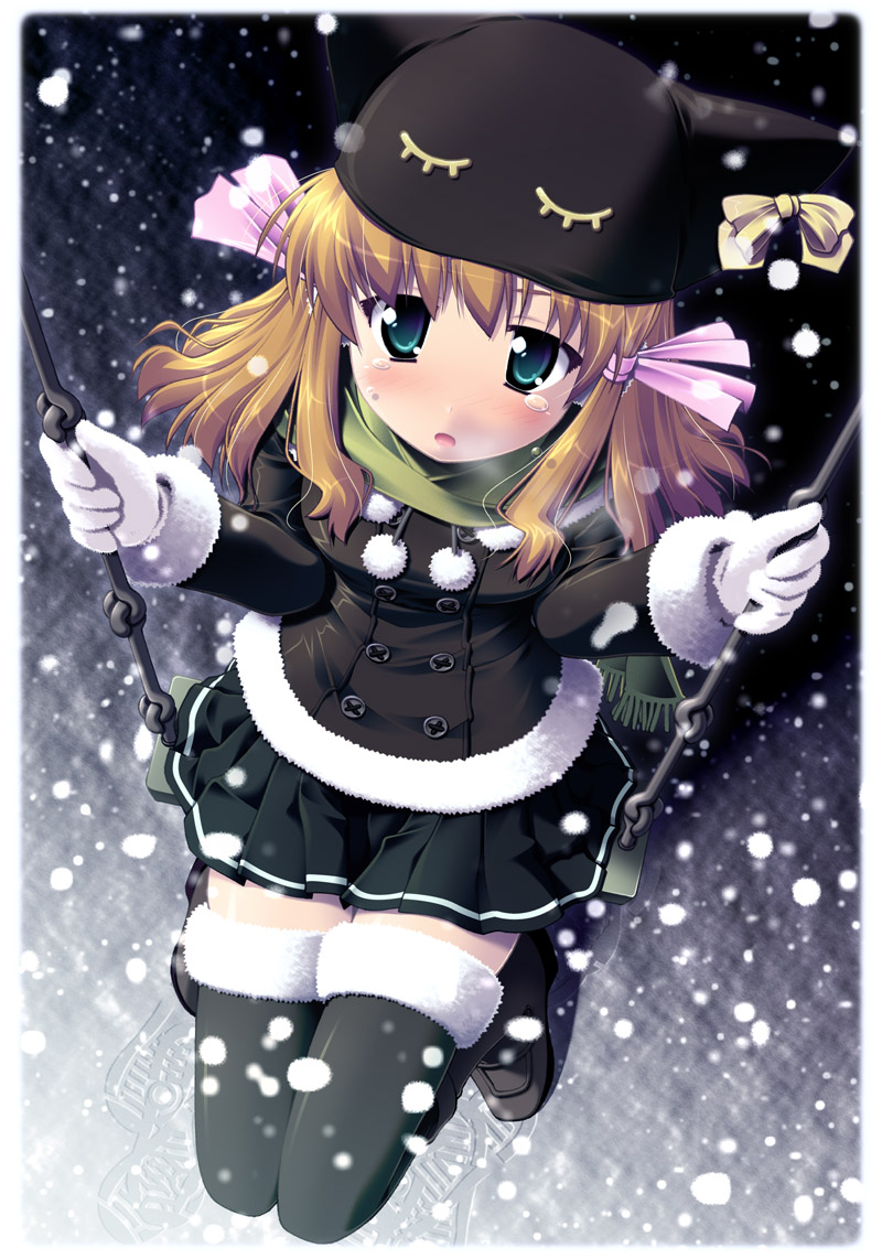 simk, yamabuki zarame, 1girl, animal hat, blush, cat hat, female focus, from above, fur trim, gloves, green scarf, hat, loafers, on swing, ribbon, sad, scarf, shoes, snow, snowing, solo, swing, tears, thighhighs, twintails, white gloves, winter, zettai ryouiki