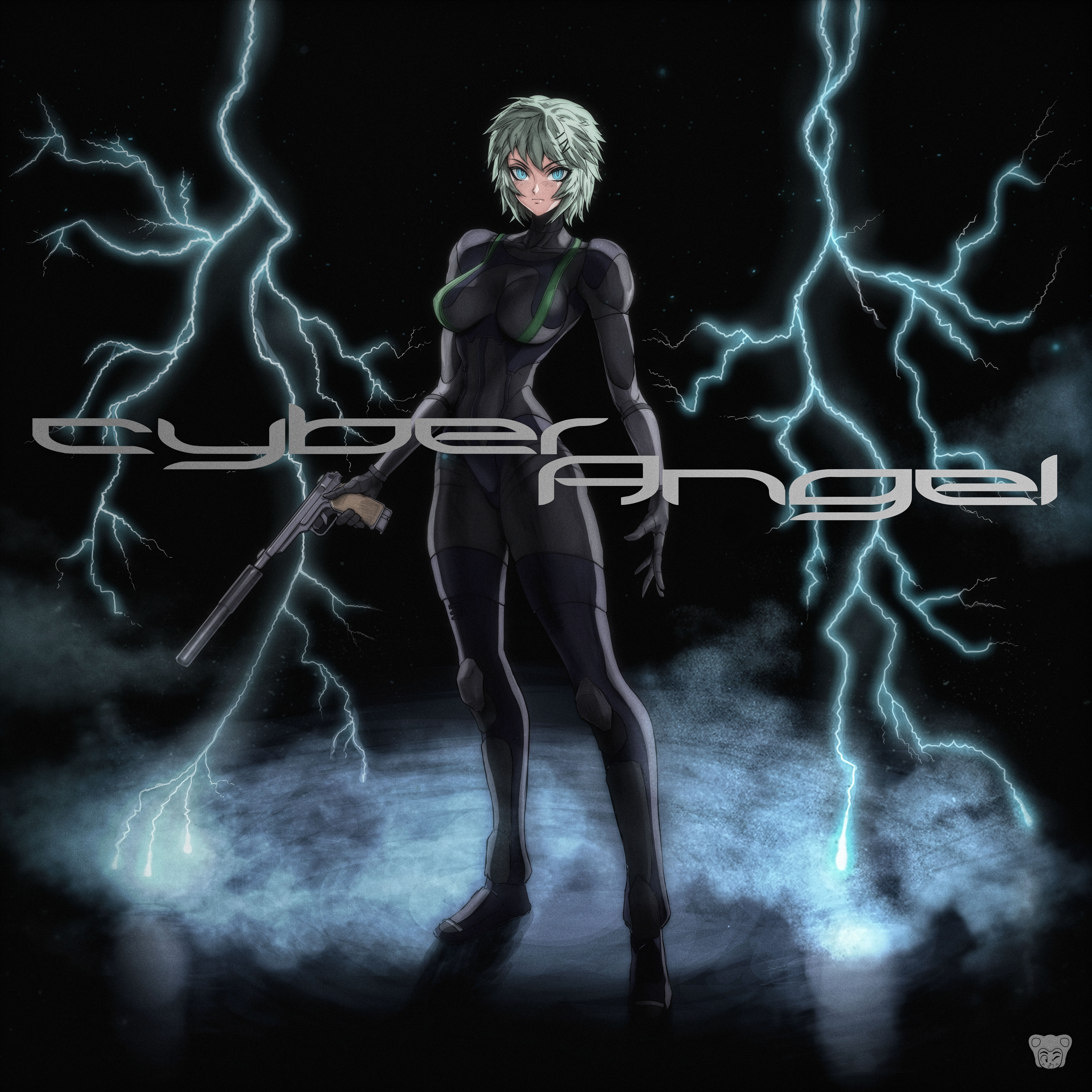system st91, marie (peripeteia), peripeteia, absurdres, commentary, english commentary, highres, 1990s (style), 1girl, album cover, album name, aqua hair, artist logo, backlighting, black background, black bodysuit, blue eyes, bodysuit, breasts, cover, cyberpunk, cyborg, dark background, faux retro artstyle, film grain, full body, gun, hair ornament, hairclip, handgun, holding, holding gun, holding weapon, light frown, lightning, logo, looking at viewer, mechanical arms, mechanical legs, medium breasts, retro artstyle, science fiction, short hair, solo, standing, stechkin aps, suppressor, tsurime, weapon