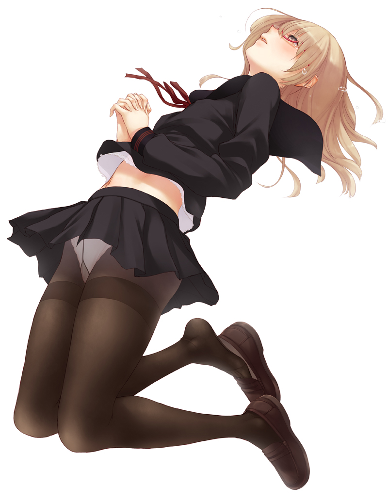 f-cla, original, light brown hair, bad id, bad pixiv id, 1girl, brown eyes, brown hair, falling, feet, female focus, full body, glasses, legs, long hair, long sleeves, looking up, own hands clasped, own hands together, panties, panties under pantyhose, pantyhose, pantyshot, school uniform, shoe dangle, shoe loss, shoes, simple background, skirt, solo, tears, thighband pantyhose, underwear, upskirt, white background