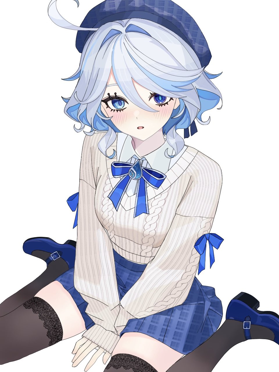 rea 0523, furina (genshin impact), genshin impact, blue gem, commentary, highres, 1girl, ahoge, alternate costume, beret, black thighhighs, blue bow, blue bowtie, blue eyes, blue hair, blue hat, blue pupils, blue shoes, blue skirt, blush, bow, bowtie, collared shirt, drop-shaped pupils, gem, hair between eyes, hair intakes, hat, heterochromia, lace, lace-trimmed thighhighs, lace trim, long sleeves, looking at viewer, mary janes, mismatched pupils, multicolored hair, open mouth, shirt, shoes, short hair, simple background, sitting, skindentation, skirt, sleeves past wrists, solo, streaked hair, sweater, symbol-shaped pupils, thighhighs, wariza, white background, white shirt
