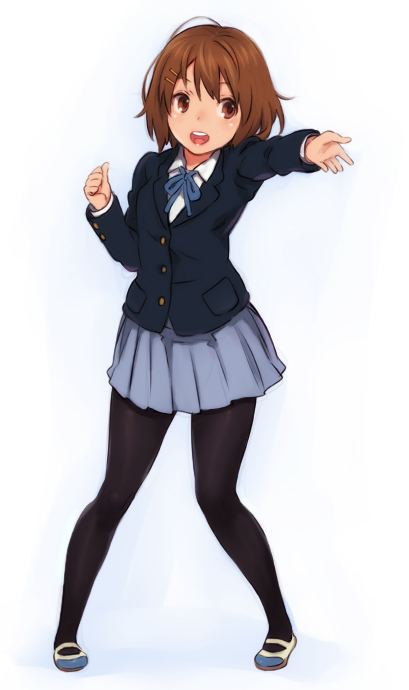 shiohara shin'ichi, hirasawa yui, k-on!, 00s, 1girl, blazer, brown eyes, brown hair, female focus, jacket, pantyhose, school uniform, shoes, short hair, solo, uwabaki