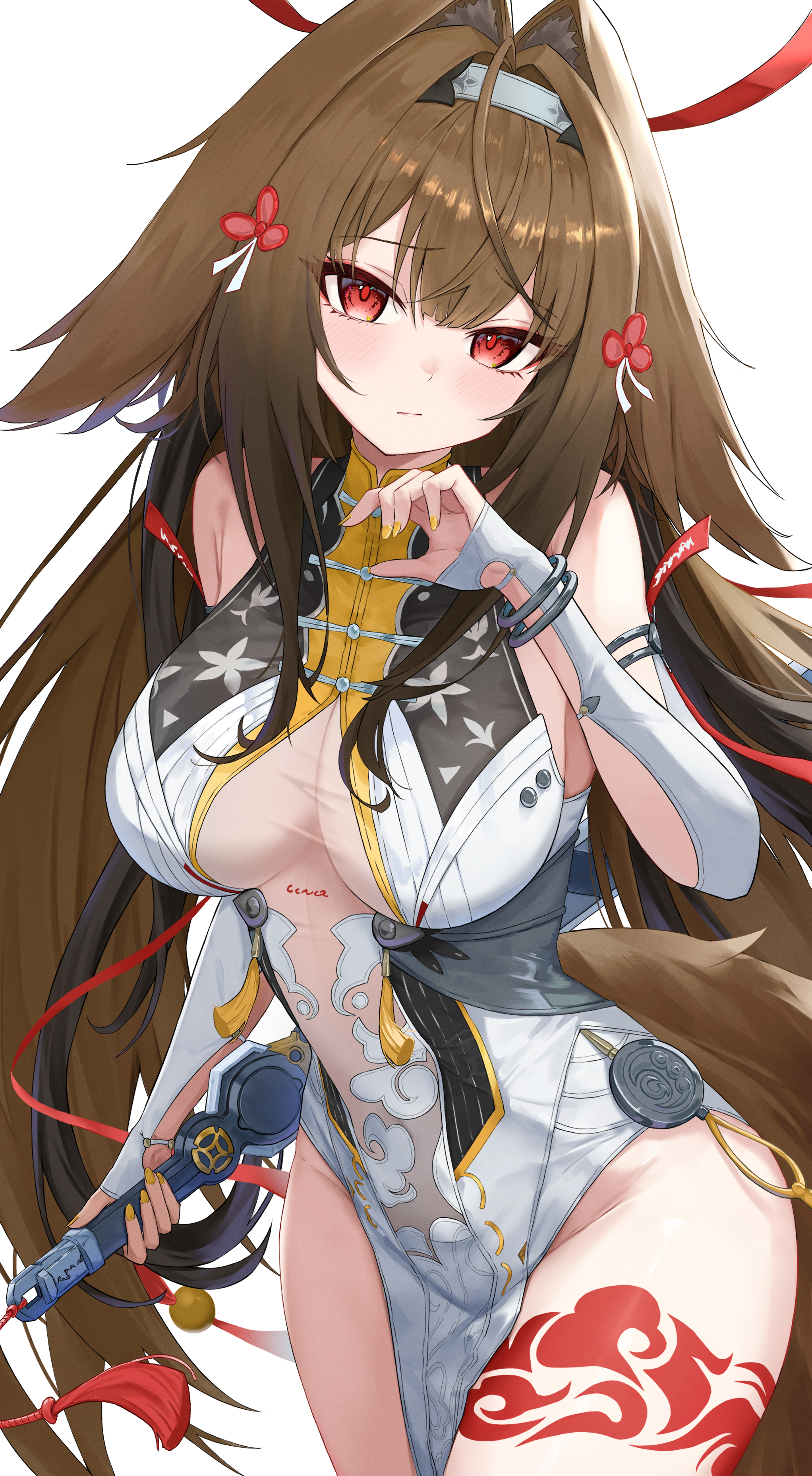 zo (nphm3333), ye shunguang, zenless zone zero, absurdres, commentary request, highres, 1girl, animal ear fluff, animal ears, armlet, bare shoulders, blush, bracelet, breasts, brown hair, brown tail, china dress, chinese clothes, closed mouth, clover, clover hair ornament, cowboy shot, dress, droopy ears, hair ornament, hairband, hand up, holding, holding sword, holding weapon, jewelry, large breasts, leg tattoo, long hair, looking at viewer, metal bracelet, red eyes, see-through clothes, see-through dress, silver armlet, silver bracelet, simple background, solo, sword, tail, tattoo, very long hair, weapon, white background, white dress, white hairband, yellow nails