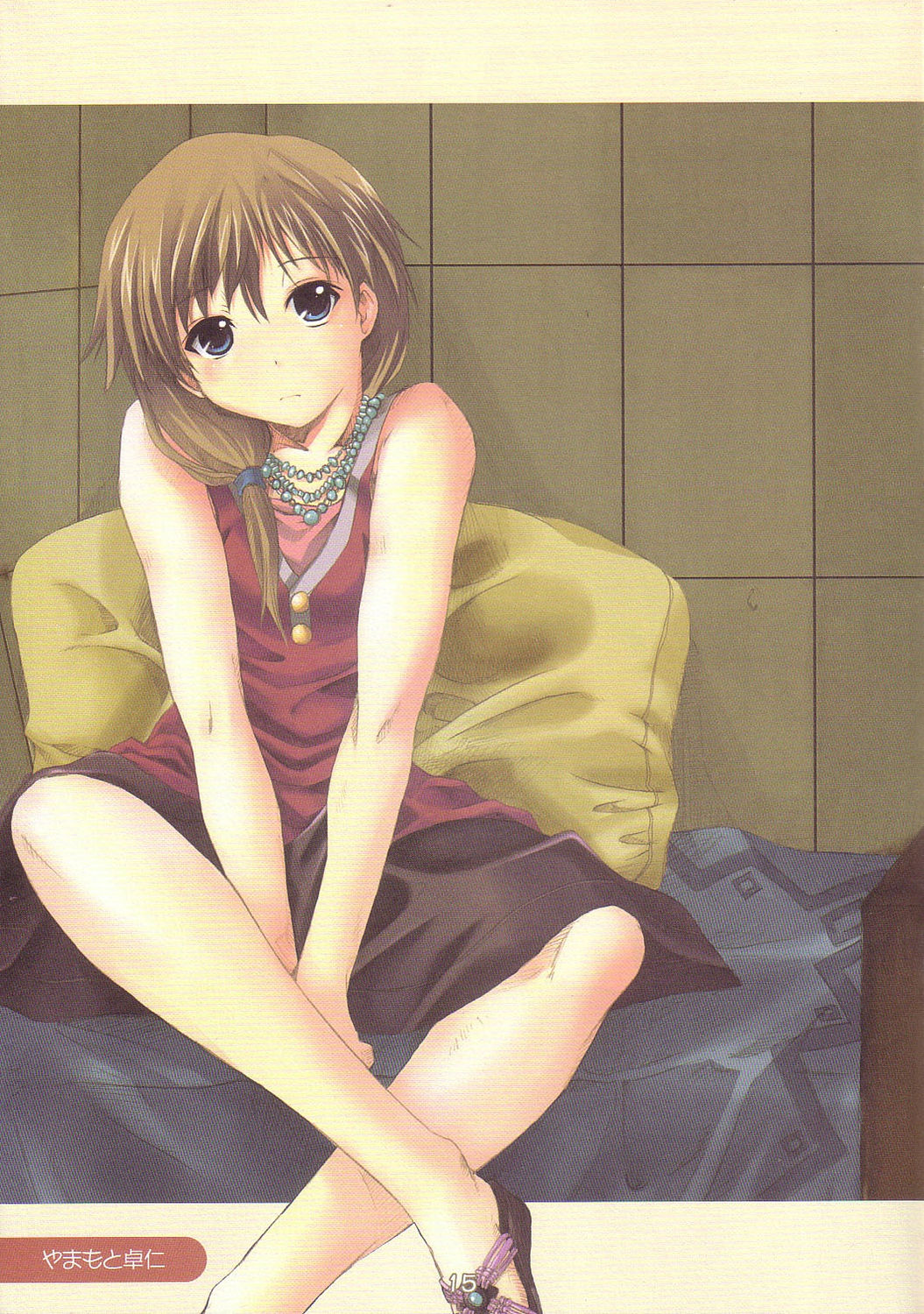 yamamoto takuhito, artist request, highres, blue eyes, brown hair, jewelry, necklace, skirt, solo