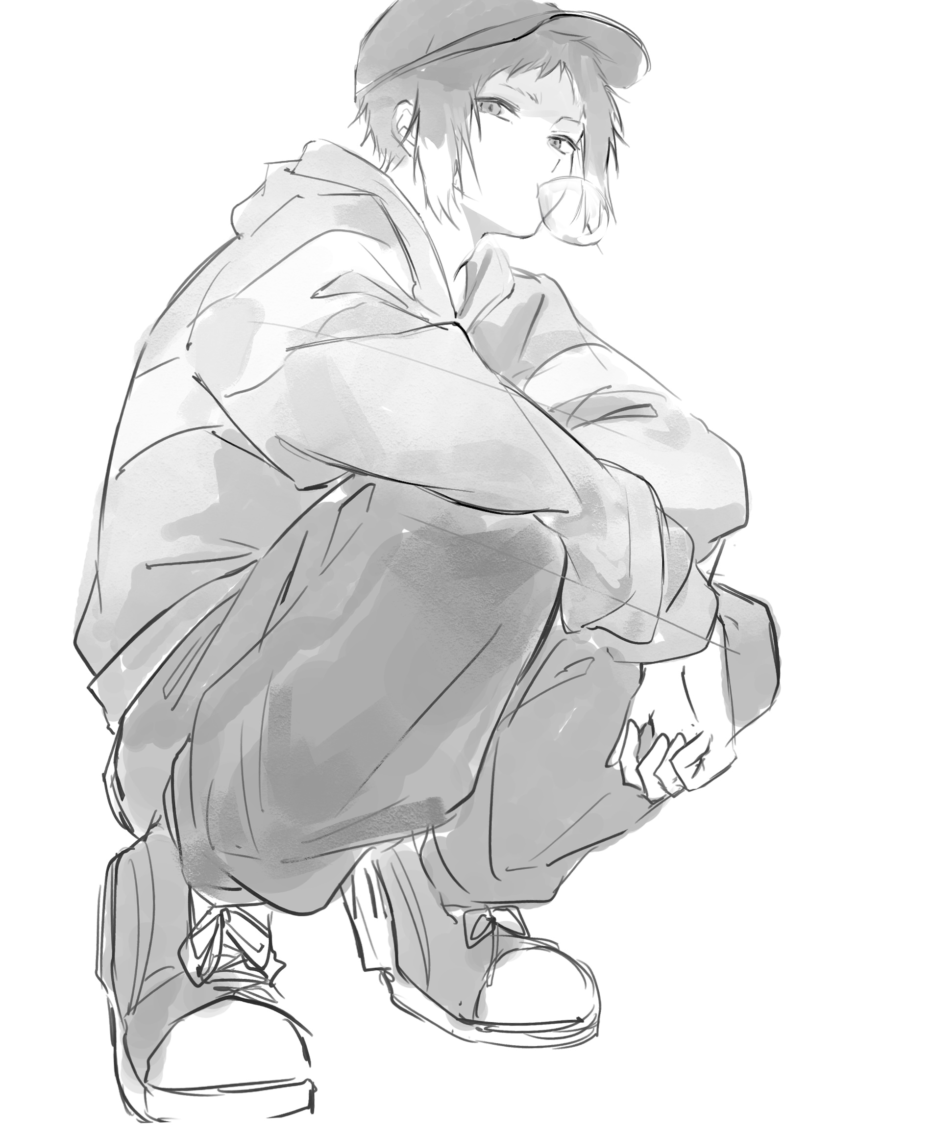 hiba riko, akutagawa ryuunosuke (bungou stray dogs), bungou stray dogs, commentary request, highres, 1boy, alternate costume, arms on knees, baseball cap, blowing bubble gum, chewing gum, full body, greyscale, hat, hood, hoodie, looking at viewer, male focus, monochrome, panties, shoes, short hair, sidelocks, simple background, solo, squatting, underwear, white background