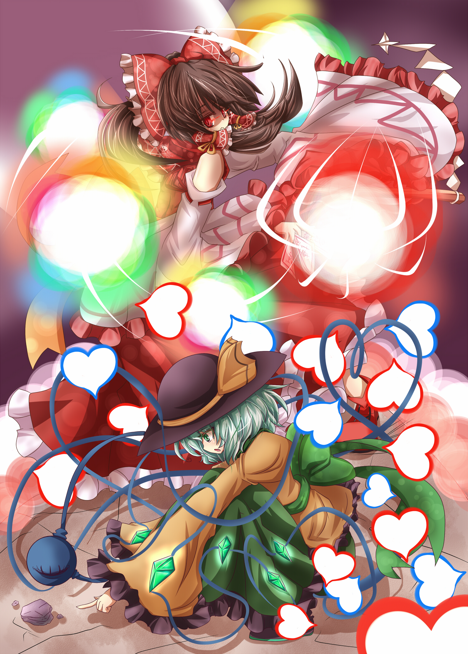 haru ion, hakurei reimu, komeiji koishi, touhou, highres, 2girls, brown hair, danmaku, detached sleeves, female focus, glowing, glowing eyes, gohei, green eyes, green hair, hat, heart, japanese clothes, long hair, miko, multiple girls, ofuda, red eyes, short hair, squatting