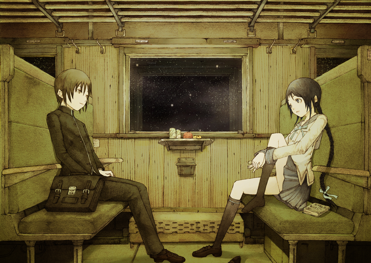 lionel nakamura, amano tooko, inoue konoha, bungaku shoujo, 00s, 1boy, 1girl, apple, bag, blue eyes, book, braid, brown hair, food, fruit, gakuran, hair ribbon, kneehighs, long hair, orange (fruit), ribbon, satchel, school uniform, shoes, short hair, single shoe, skirt, snow, socks, train, train interior