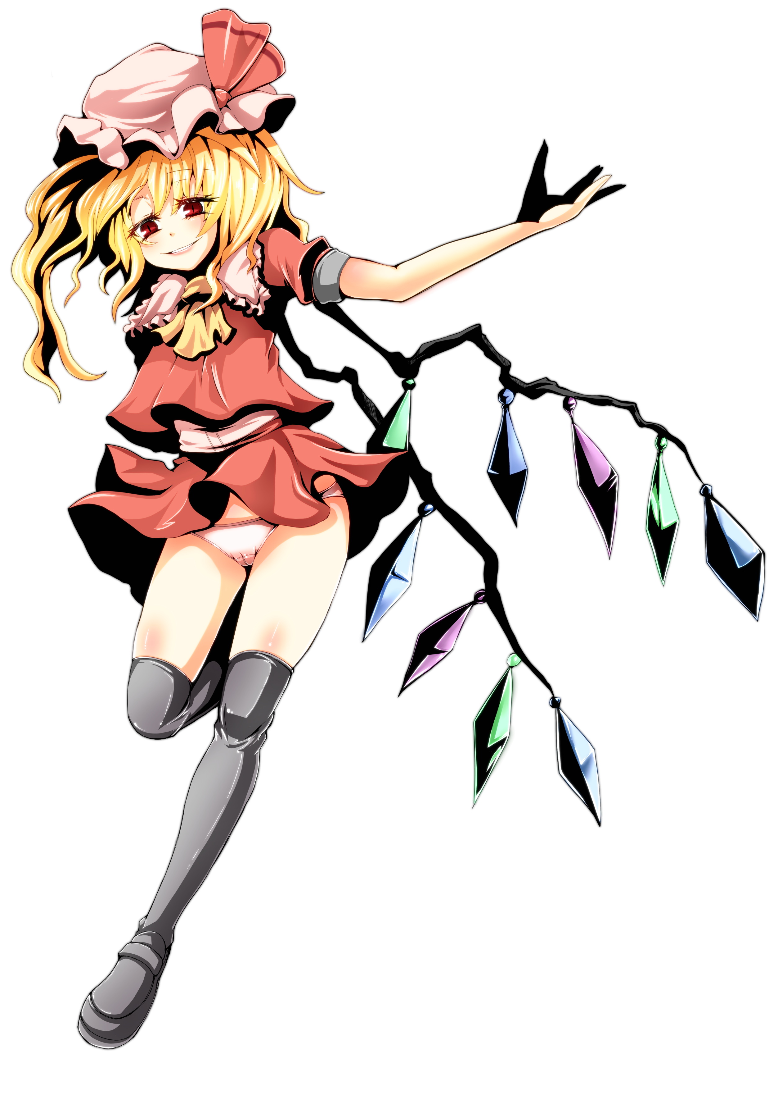 78rr, flandre scarlet, embodiment of scarlet devil, touhou, absurdres, bad id, bad pixiv id, highres, 1girl, black thighhighs, blonde hair, cameltoe, female focus, full body, hat, panties, pantyshot, red eyes, shadow, short hair, side ponytail, simple background, smile, solo, thighhighs, transparent background, underwear, upskirt, white panties, wings
