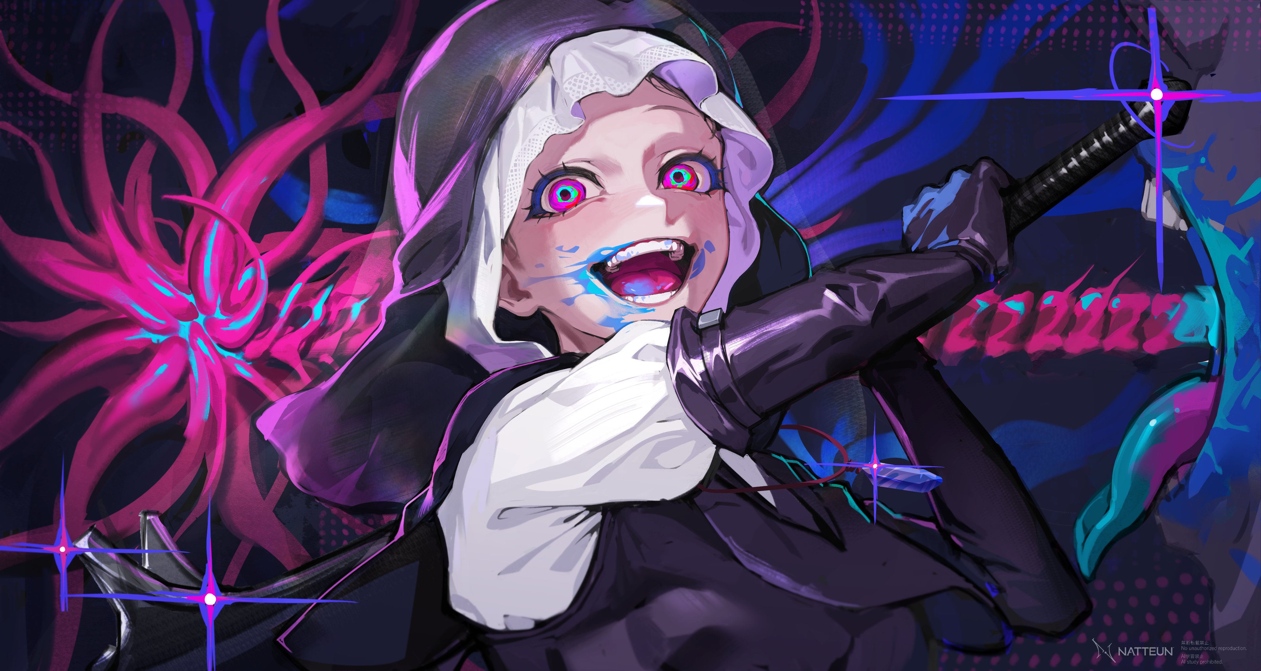 srhk96, undertaker (elden ring), elden ring, elden ring nightreign, absurdres, commentary request, highres, 1girl, black gloves, buckle, capelet, coif, elbow gloves, flanged mace, gameplay mechanics, gloves, holding, holding mace, holding weapon, incoming attack, mace, multicolored eyes, multiple views, nun, open mouth, sparkle, teeth, tongue, upper body, weapon, white coif