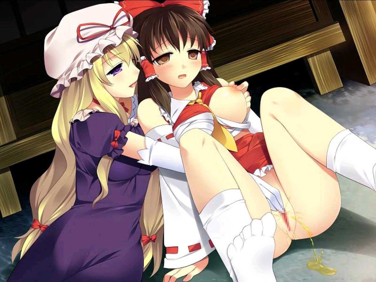 hakurei reimu, yakumo yukari, touhou, artist request, 2girls, blonde hair, blush, breasts, censored, dress, female focus, multiple girls, nipples, peeing, pussy, yuri