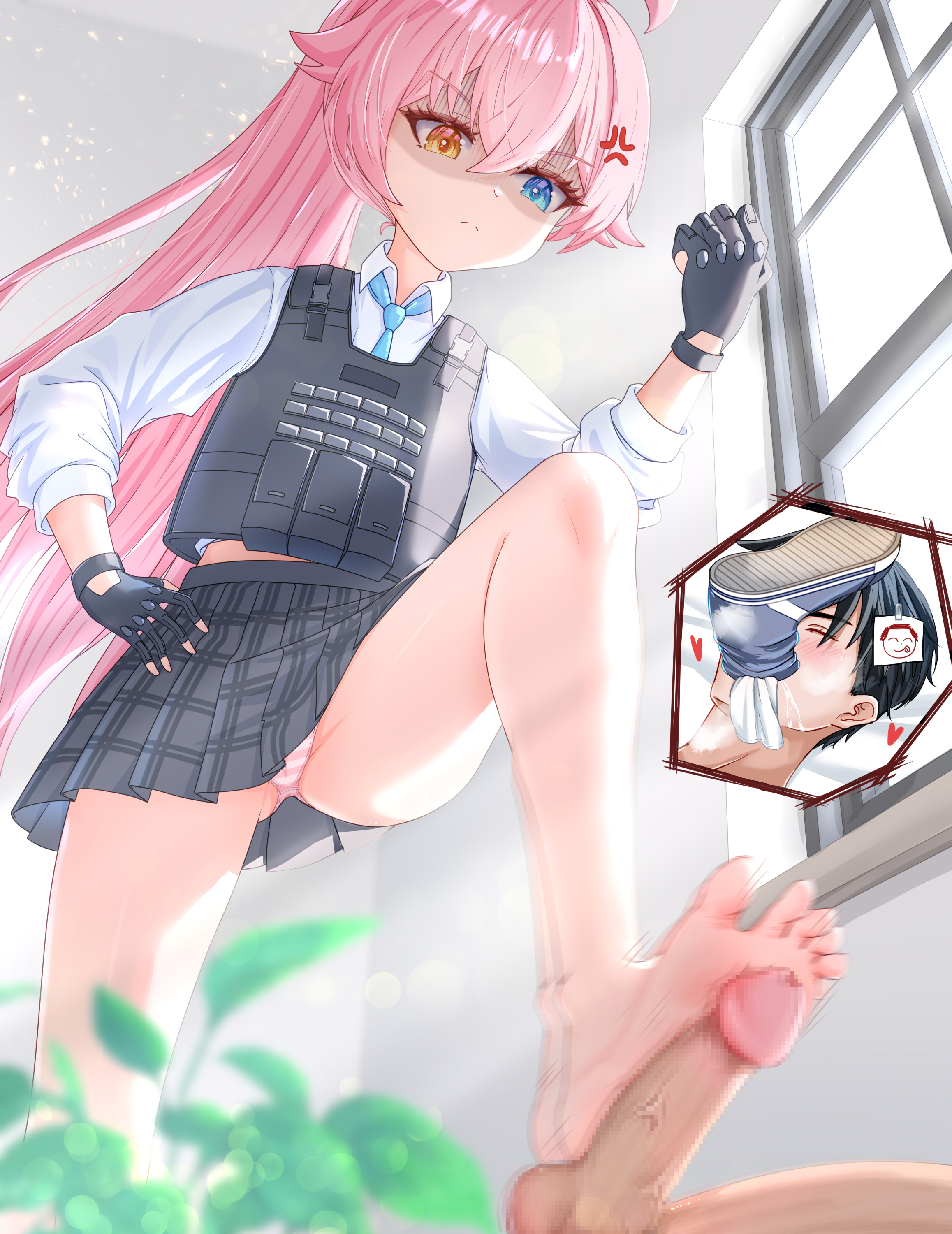yi naiya, hoshino (blue archive), blue archive, absurdres, highres, 1boy, 1girl, anger vein, barefoot, blue eyes, feet, footjob, hand on own hip, heterochromia, loli, long hair, panties, pantyshot, pink hair, shaded face, shoes, single shoe, single sock, smell, smelling, socks, soles, striped clothes, striped panties, toes, underwear, unworn shoes, unworn socks, upskirt, yellow eyes