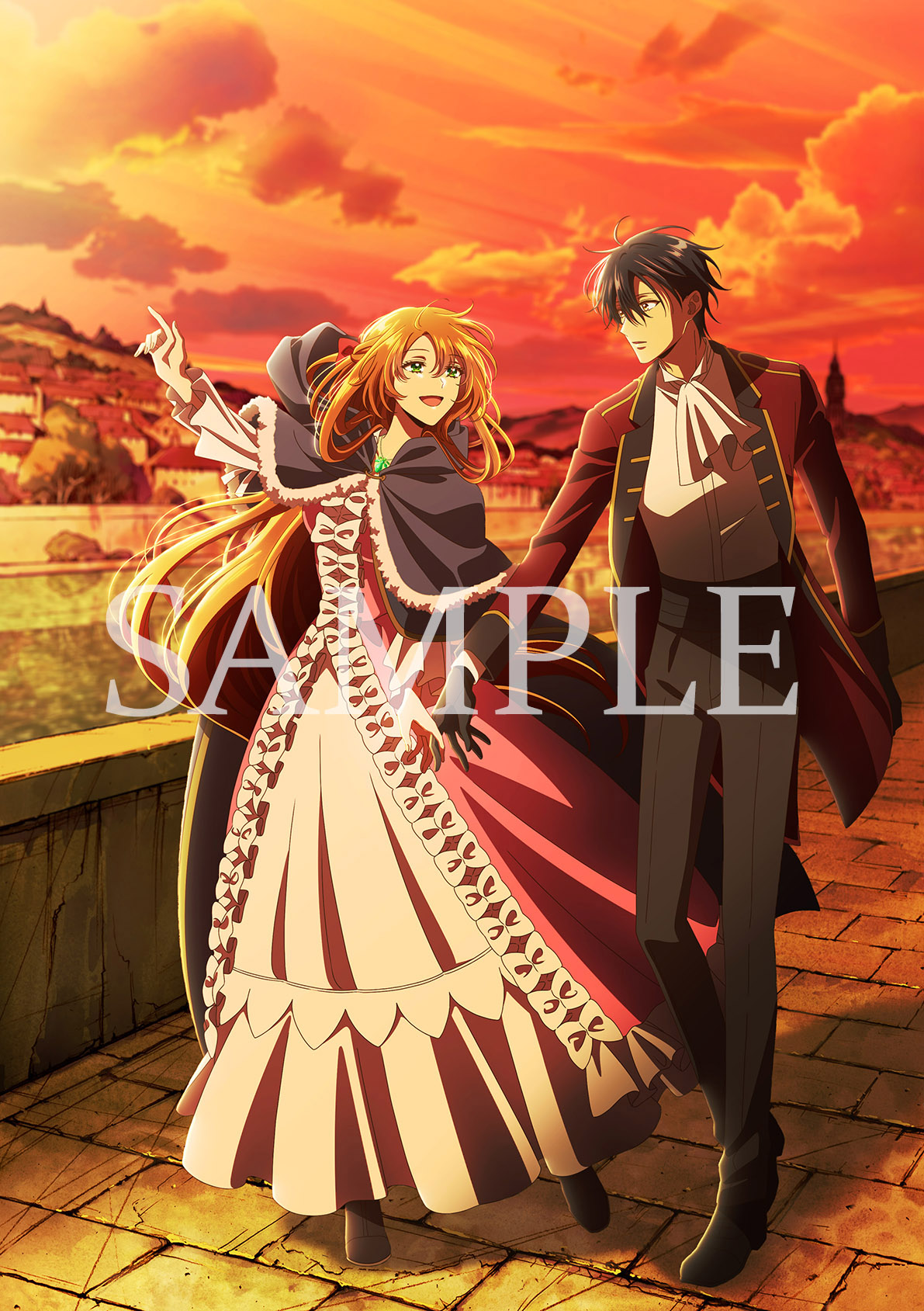 noah voltaire wynknight, raeliana mcmillan, geunyeoga gongjagjeolo gaya haessdeon sajeong, commentary request, highres, official art, 1boy, 1girl, :d, ascot, black gloves, black hair, black pants, brown hair, cloak, cloud, cobblestone, dress, dusk, formal clothes, full body, gloves, green eyes, hair between eyes, hair rings, holding hands, hood, hooded cloak, jacket, long dress, long hair, long sleeves, looking at another, open mouth, orange hair, orange sky, outdoors, pants, red jacket, sample watermark, short hair, sky, smile, standing, sunset, very long hair, watermark, white ascot, white dress