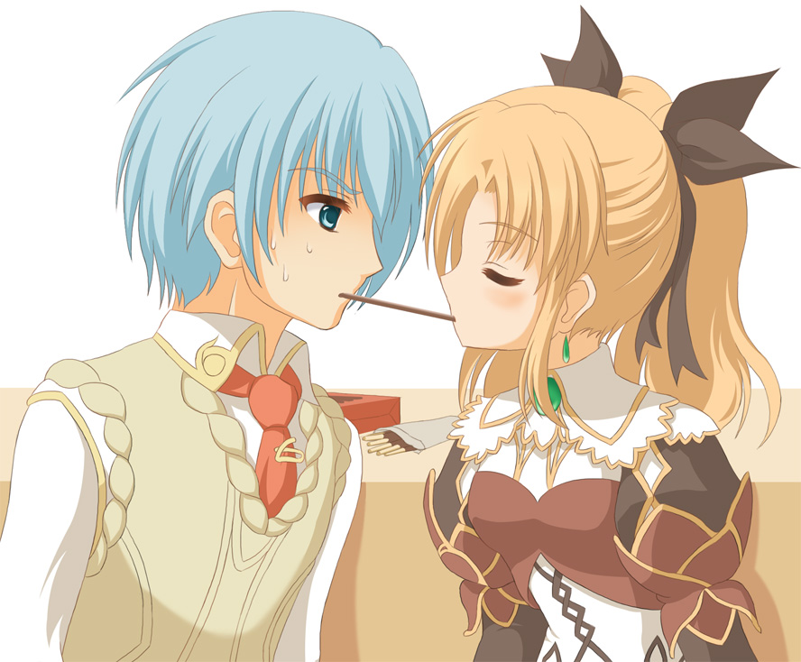 aose saratoga, liliane vehlendorf, rozeluxe meitzen, atelier (series), mana khemia (series), mana khemia 2, 1boy, 1girl, blonde hair, blue hair, closed eyes, hetero, pocky, pocky kiss, shared food, sweat