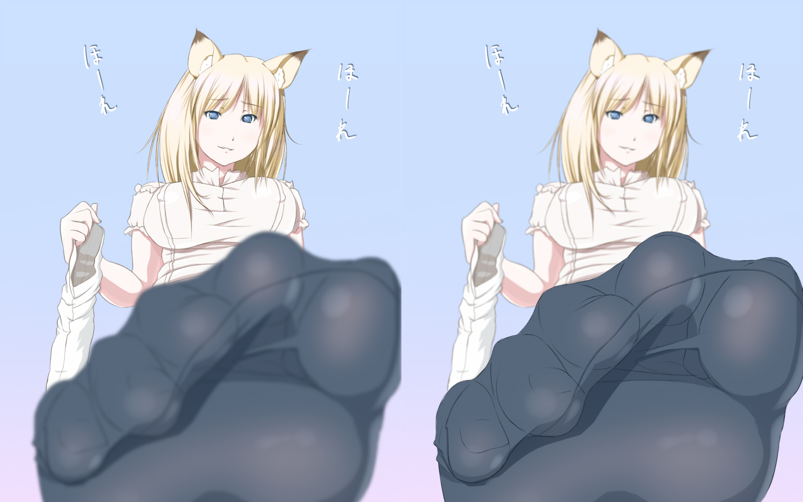 hitosizuku, original, bad tag, highres, animal ears, blonde hair, blue eyes, blurry, breasts, cat ears, close-up, covered erect nipples, depth of field, feet, foot focus, foreshortening, holding, holding shoes, large breasts, pantyhose, pov, smile, soles, solo, stereogram, toe scrunch, toenails, toes