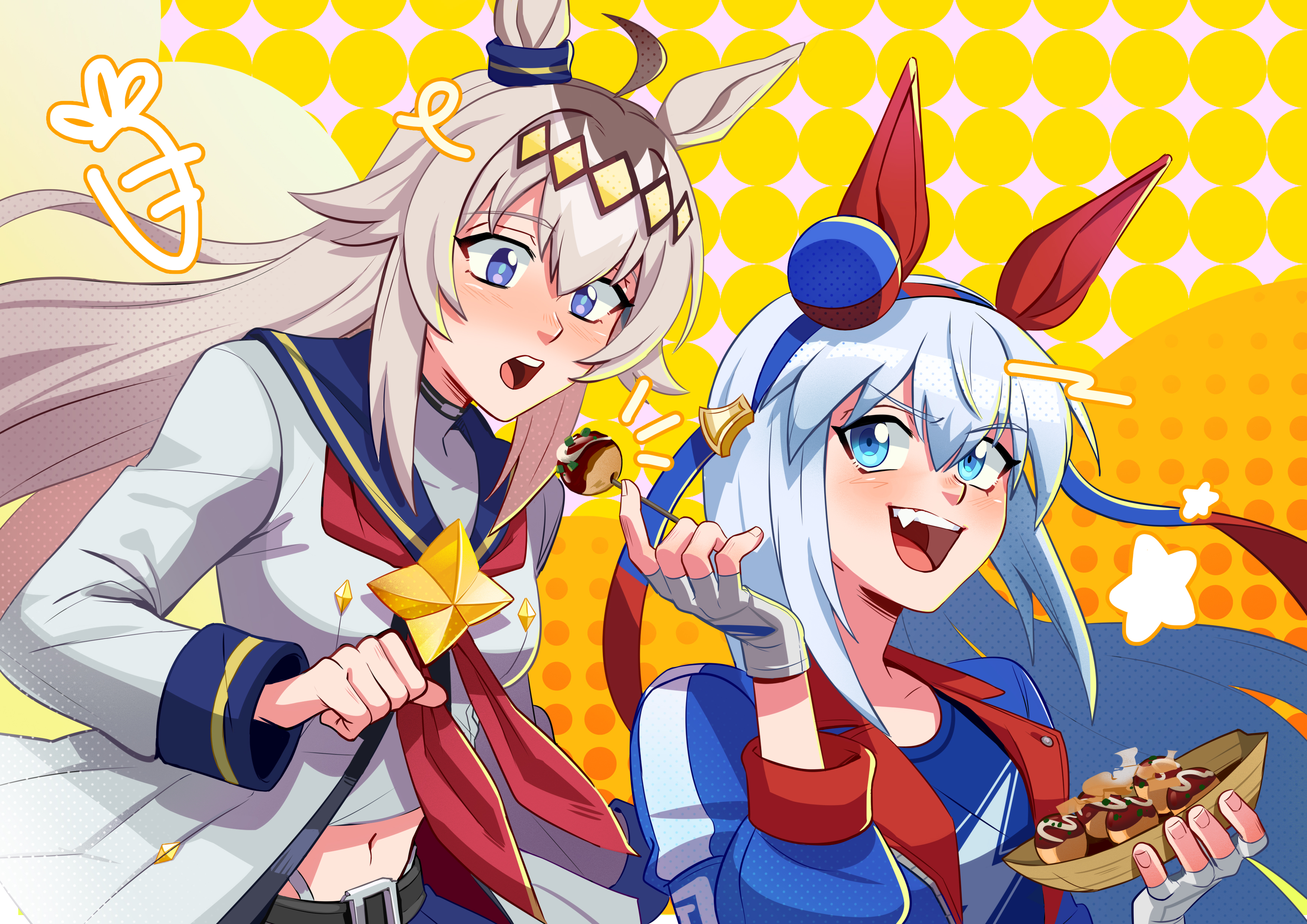 oguri cap (starlight beat) (umamusume), oguri cap (umamusume), tamamo cross (umamusume), tamamo cross (with lightning speed) (umamusume), umamusume, absurdres, commentary, english commentary, highres, 2girls, ahoge, animal ears, blue eyes, blue hairband, blue jacket, blue sailor collar, blue skirt, blue sports bra, blush, boro^2, breasts, brooch, carrot, ear covers, ear ornament, fang, fingerless gloves, food, gloves, grey hair, hair between eyes, hair ornament, hairband, headband, holding, holding food, horse ears, horse girl, jacket, jewelry, lightning bolt print, lightning bolt symbol, long hair, long sleeves, midriff, multicolored hair, multicolored hairband, multiple girls, navel, neckerchief, open mouth, panty straps, pleated skirt, red headband, red neckerchief, sailor collar, shirt, skirt, smile, sports bra, star (symbol), star brooch, striped clothes, striped hairband, takoyaki, teeth, toothpick, two-tone hairband, upper teeth only, very long hair, white jacket, white shirt