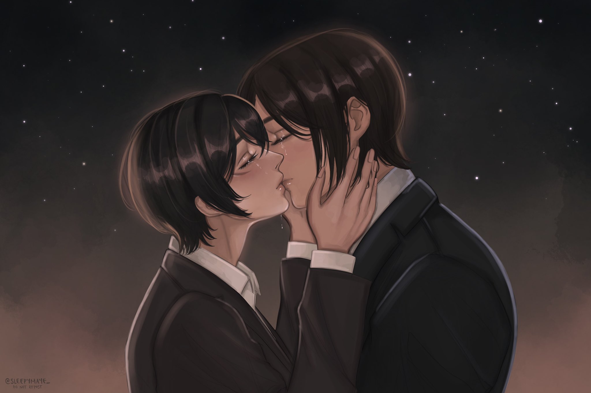 maye, eren yeager, mikasa ackerman, shingeki no kyojin, commentary, english commentary, highres, 1boy, 1girl, black hair, black jacket, brown hair, brown jacket, closed eyes, collared shirt, couple, facial scar, hair between eyes, hands on another's cheeks, hands on another's face, hetero, jacket, kiss, parted bangs, scar, scar on cheek, scar on face, shirt, short hair, suit jacket, twitter username, upper body, white shirt