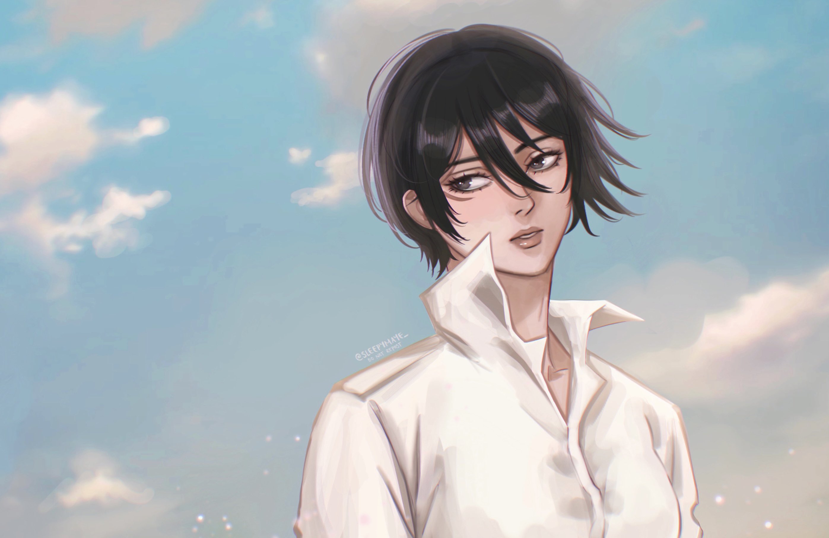 maye, mikasa ackerman, shingeki no kyojin, commentary, english commentary, highres, 1girl, black hair, blue sky, breasts, cloud, cloudy sky, collared shirt, facial scar, grey eyes, hair between eyes, looking to the side, medium breasts, parted lips, scar, scar on cheek, scar on face, shirt, short hair, sky, solo, twitter username, upper body, white shirt, wind