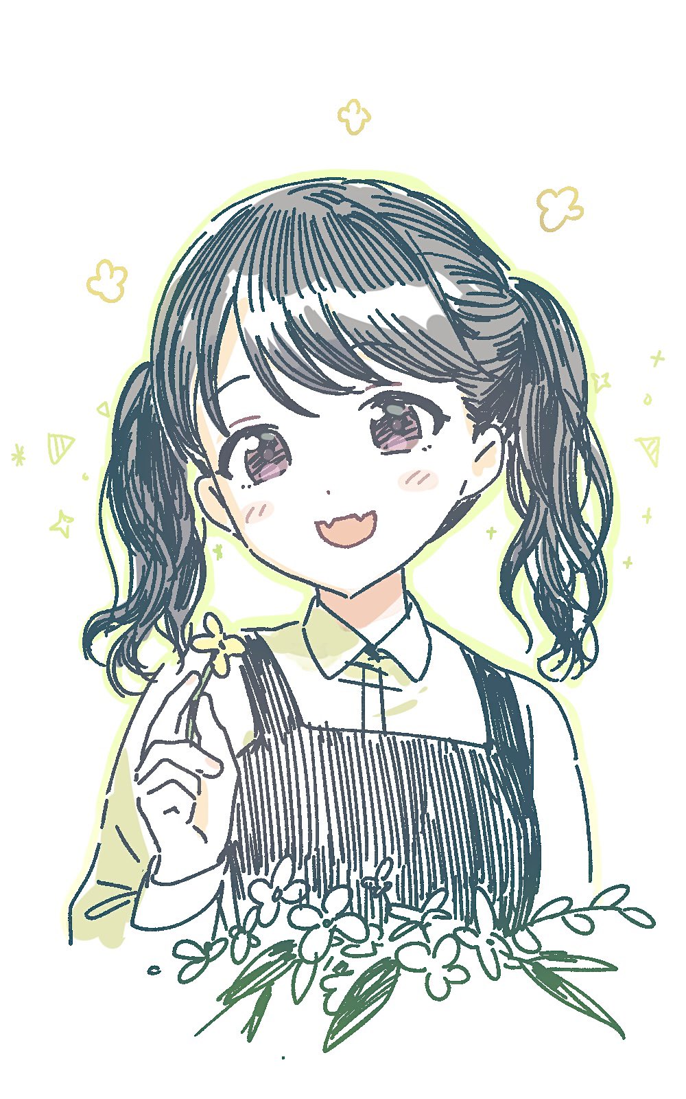 qinglai haiji, fukumaru koito, idolmaster, idolmaster shiny colors, highres, 1girl, black hair, fangs, flower, looking at viewer, medium hair, open mouth, purple eyes, shirt, skin fangs, solo, swept bangs, twintails, upper body, vest, white background