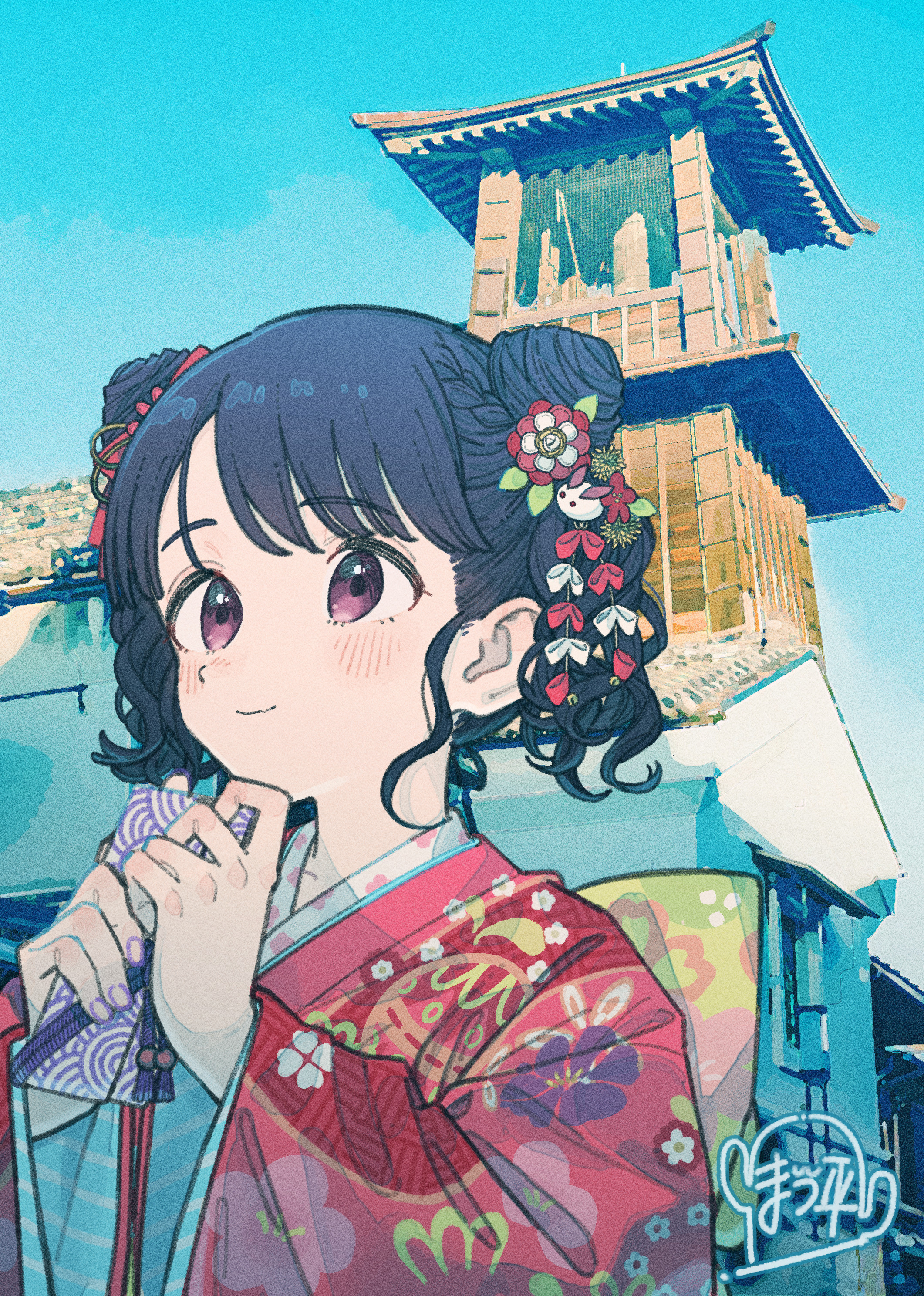 paayan (hagakinorock54), fukumaru koito, idolmaster, idolmaster shiny colors, absurdres, commentary request, highres, 1girl, black hair, blue sky, building, day, double bun, film grain, flower, hair bun, japanese clothes, kimono, outdoors, purple eyes, red kimono, short hair, sky, solo, swept bangs, upper body, wide sleeves