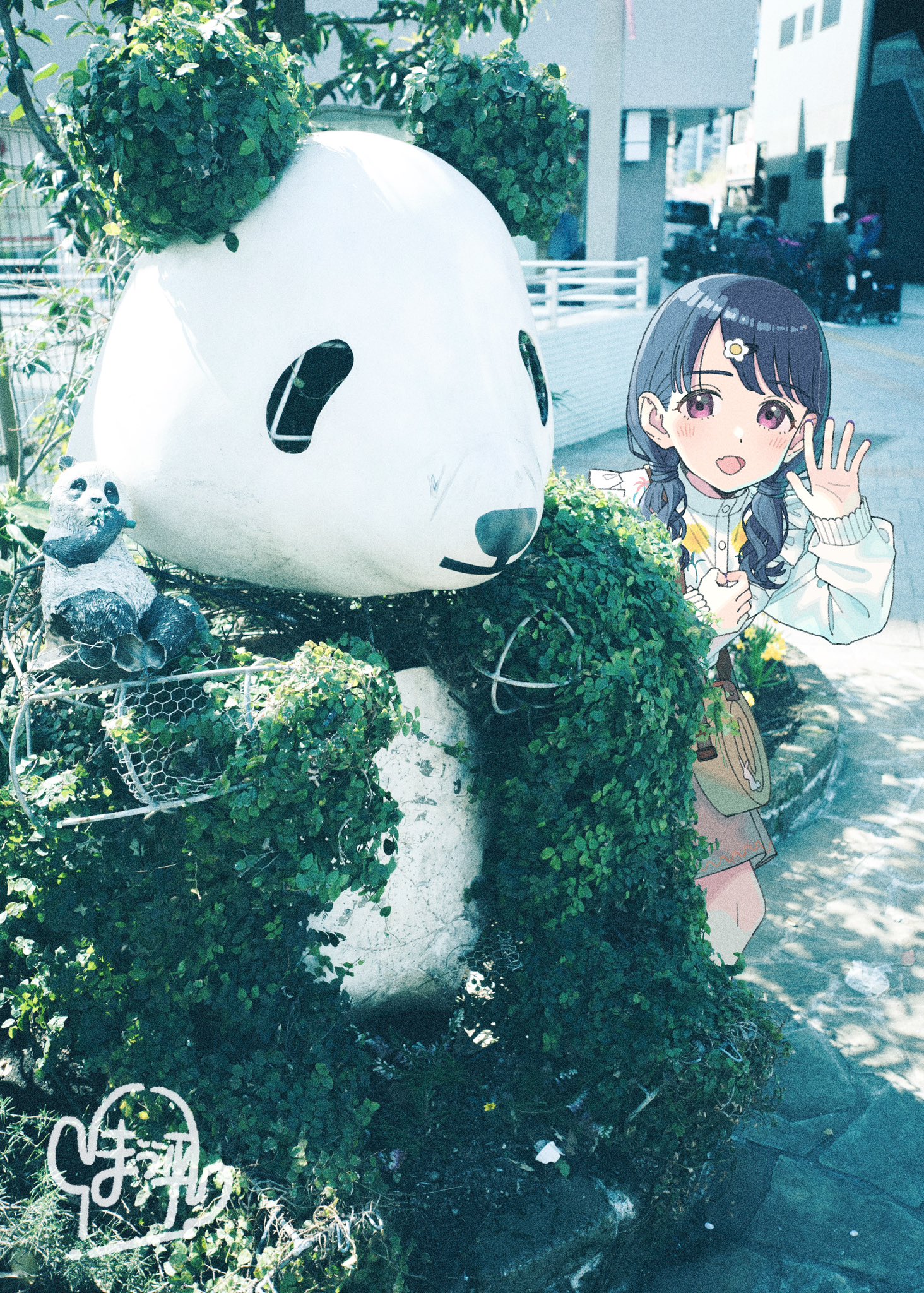 paayan (hagakinorock54), fukumaru koito, idolmaster, idolmaster shiny colors, commentary request, highres, 1girl, bag, black hair, day, fang, long hair, long sleeves, looking at viewer, low twintails, outdoors, photo background, purple eyes, real world location, shirt, shoulder bag, skin fang, solo focus, swept bangs, twintails, waving, white shirt