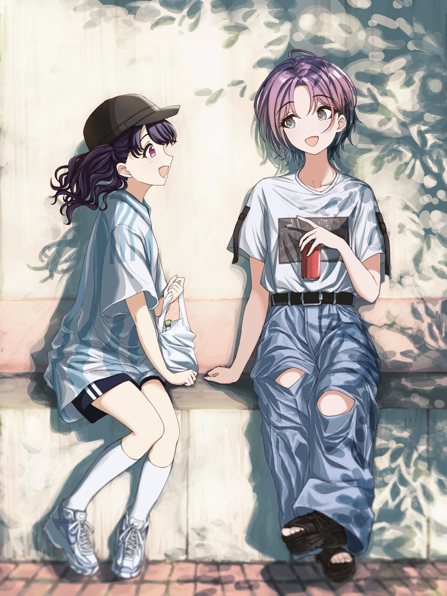 isoginn chuck, asakura toru, fukumaru koito, idolmaster, idolmaster shiny colors, commentary request, highres, 2girls, aqua hair, bag, baggy pants, baseball cap, belt, black hair, black shorts, blue pants, can, fangs, full body, gradient hair, grey eyes, hat, holding, holding can, kneehighs, long hair, looking at another, multicolored hair, multiple girls, open mouth, outdoors, pants, plastic bag, platform sandals, purple eyes, sandals, shirt, shoes, short hair, shorts, sitting, skin fangs, sleeveless, sneakers, socks, t-shirt, twintails, white shirt, white socks