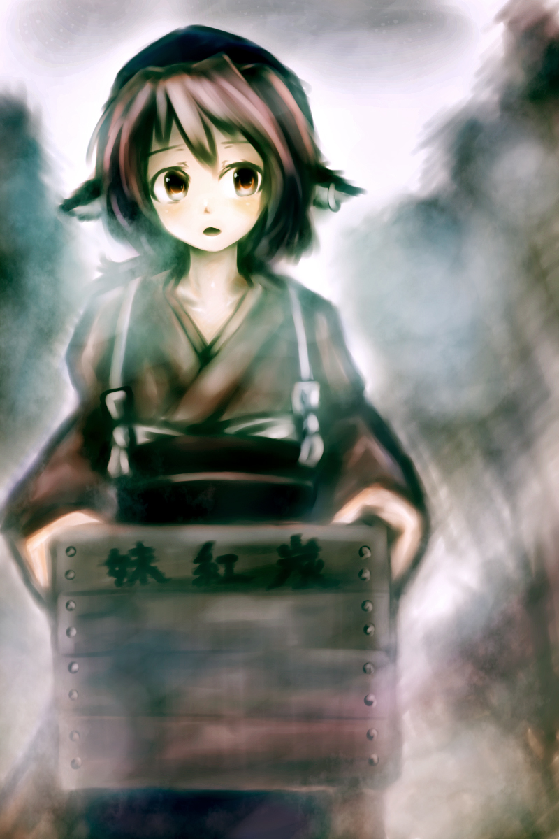 shuu (sirokumasabu), mystia lorelei, okamisty, touhou, highres, 1girl, animal ears, black headscarf, carrying, earrings, female focus, fog, grey theme, headscarf, japanese clothes, jewelry, obi, open mouth, pink hair, sash, short hair, solo, tasuki, yellow eyes