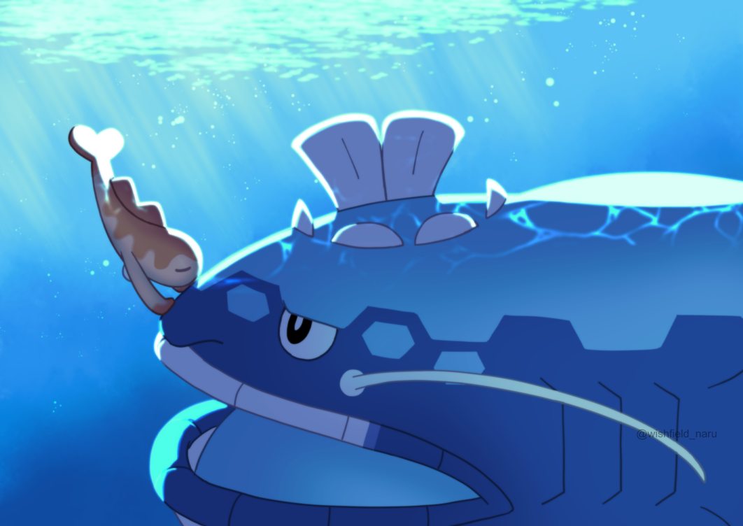 naru (wish field), dondozo, tatsugiri, nintendo, pokemon, commentary request, blue skin, blue tongue, bright pupils, closed eyes, colored skin, colored tongue, fins, fish, no humans, open mouth, orange skin, pokemon (creature), pokemon focus, swimming, underwear, water, white pupils