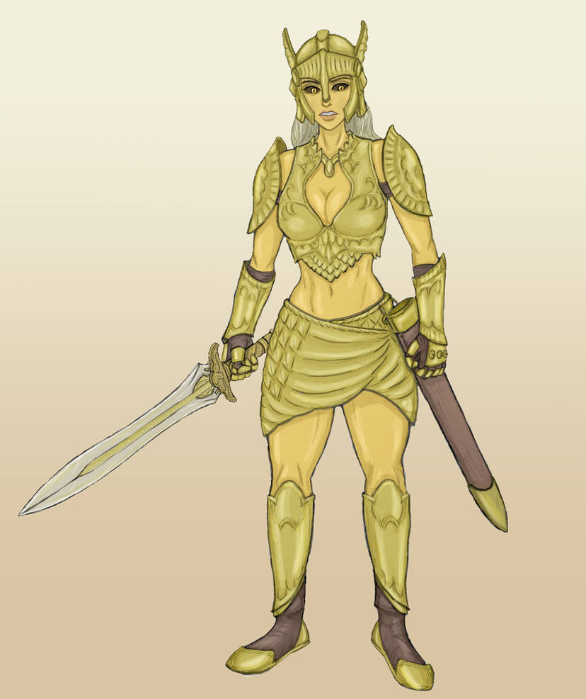 golden saint (aureal), the elder scrolls, the elder scrolls iv: oblivion, colored pencil (medium), commentary, english commentary, traditional media, 1girl, armor, armored boots, black sclera, boobplate, boots, breastplate, breasts, cheloveknomer99, clawed gauntlets, cleavage cutout, clothing cutout, colored sclera, crop top, full body, gold armor, gold skin, gradient background, helmet, holding, holding sword, holding weapon, knee boots, long hair, looking to the side, midriff, miniskirt, revealing clothes, scabbard, scale armor, sheath, shoulder armor, skirt, slit pupils, solo, standing, sword, thighs, weapon, white background, white hair, winged helmet, yellow background, yellow eyes