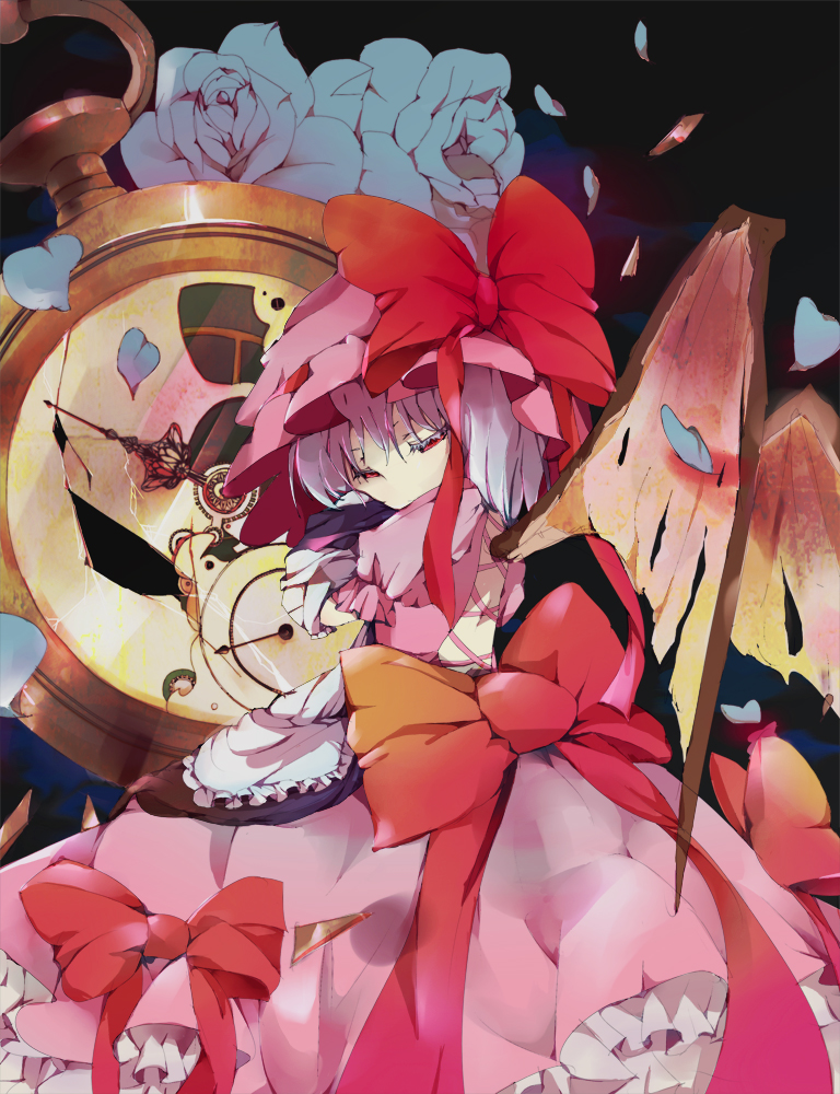 konko, remilia scarlet, touhou, 1girl, blue flower, blue hair, blue rose, bow, clock, dress, female focus, flower, hat, looking back, petals, pocket watch, red eyes, rose, solo, watch, wings