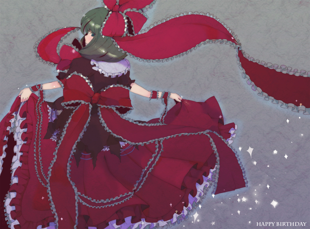 konko, kagiyama hina, touhou, 1girl, bow, dress, female focus, frills, green eyes, green hair, hair bow, hair ribbon, looking back, matching hair/eyes, ribbon, solo