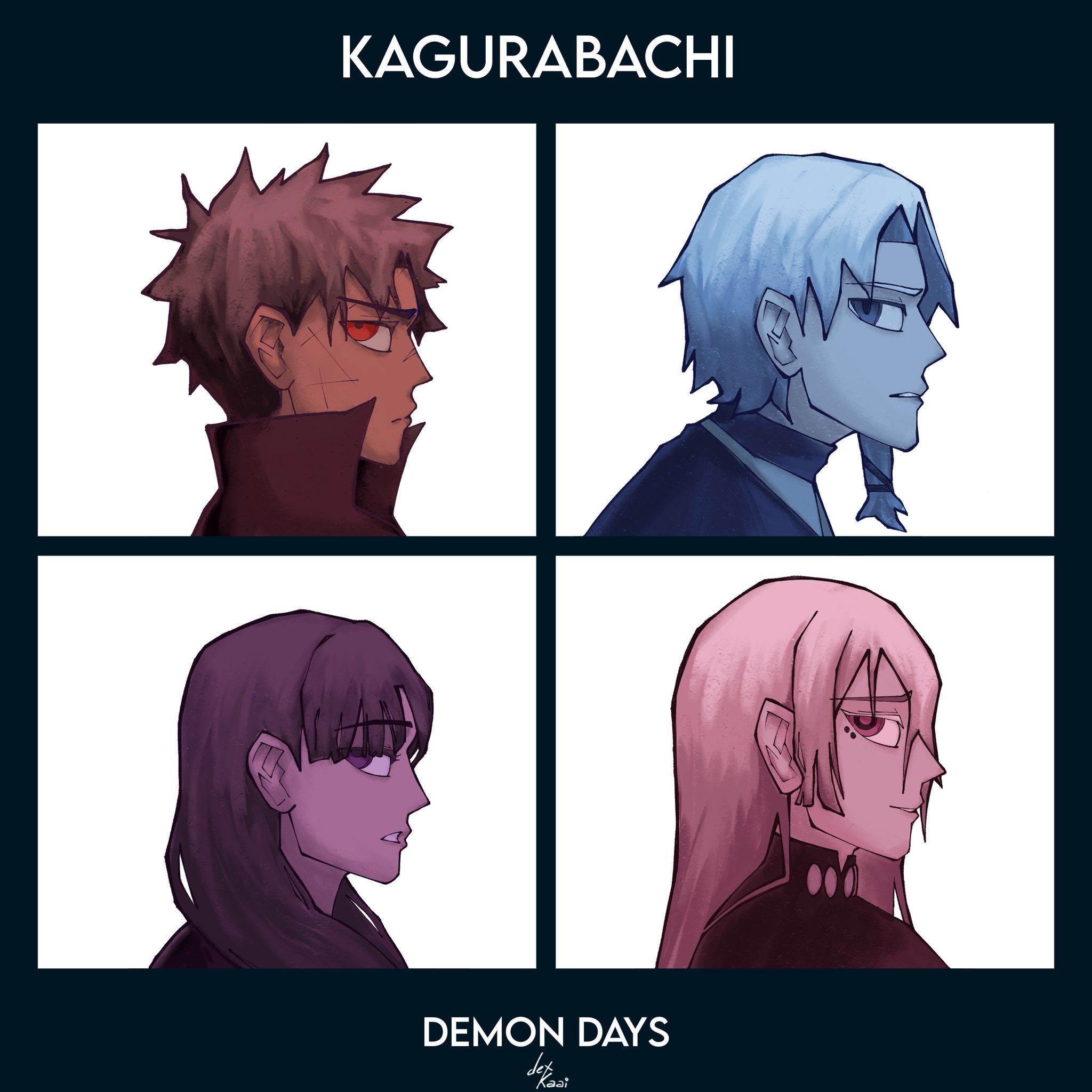 hiruhiko (kagurabachi), rokuhira chihiro, samura iori, sazanami hakuri, demon days (gorillaz), gorillaz, kagurabachi, commentary, english commentary, highres, 1girl, 3boys, album cover, blue eyes, cover, dexkaai, english text, from side, long hair, multiple boys, parody, profile, red eyes, scar, scar on face, white background