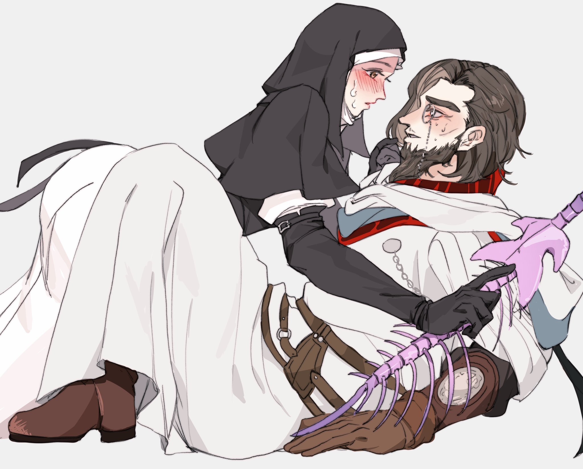 zunkome, scholar (elden ring), undertaker (elden ring), elden ring, elden ring nightreign, commentary request, highres, 1boy, 1girl, belt, belt pouch, black capelet, black hood, blush, bone, boots, brown boots, brown gloves, buckle, capelet, coif, elbow gloves, from side, gloves, hetero, holding, holding polearm, holding weapon, looking at another, monocle, nun, orange eyes, parted lips, polearm, pouch, robe, sweat, weapon, white coif, white robe