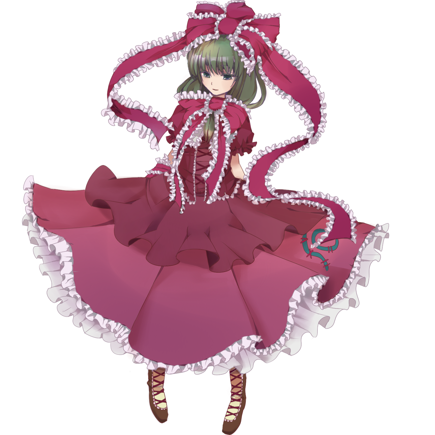konko, kagiyama hina, touhou, bad id, bad pixiv id, highres, 1girl, bow, dress, female focus, frills, front ponytail, full body, green eyes, green hair, hair bow, hair ribbon, matching hair/eyes, ribbon, solo, transparent background