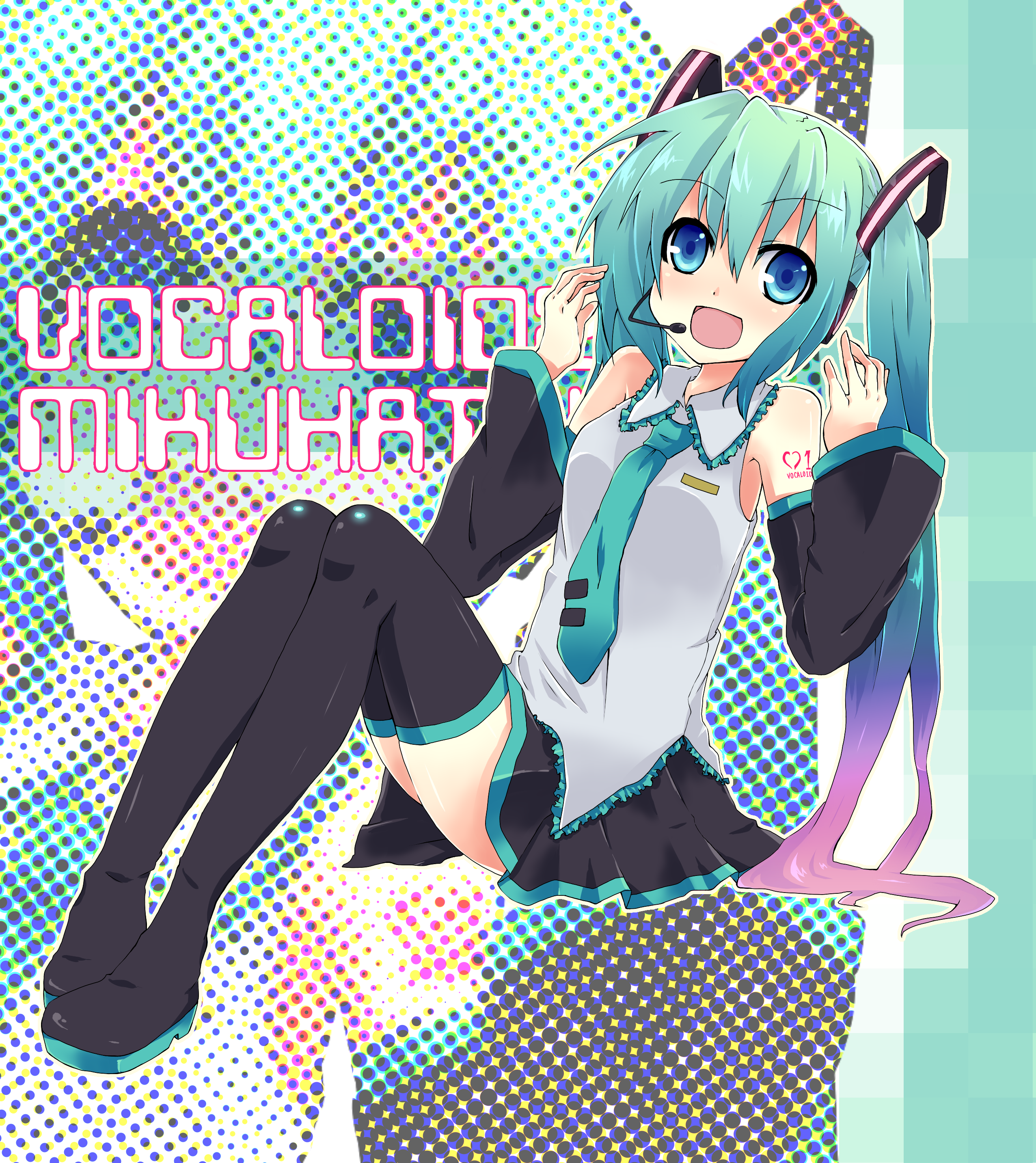 uso, uso (ameuzaki), hatsune miku, vocaloid, absurdres, bad id, bad pixiv id, highres, 1girl, aqua eyes, aqua hair, detached sleeves, female focus, headphones, headset, long hair, necktie, sitting, skirt, smile, solo, thighhighs, twintails, very long hair, zettai ryouiki