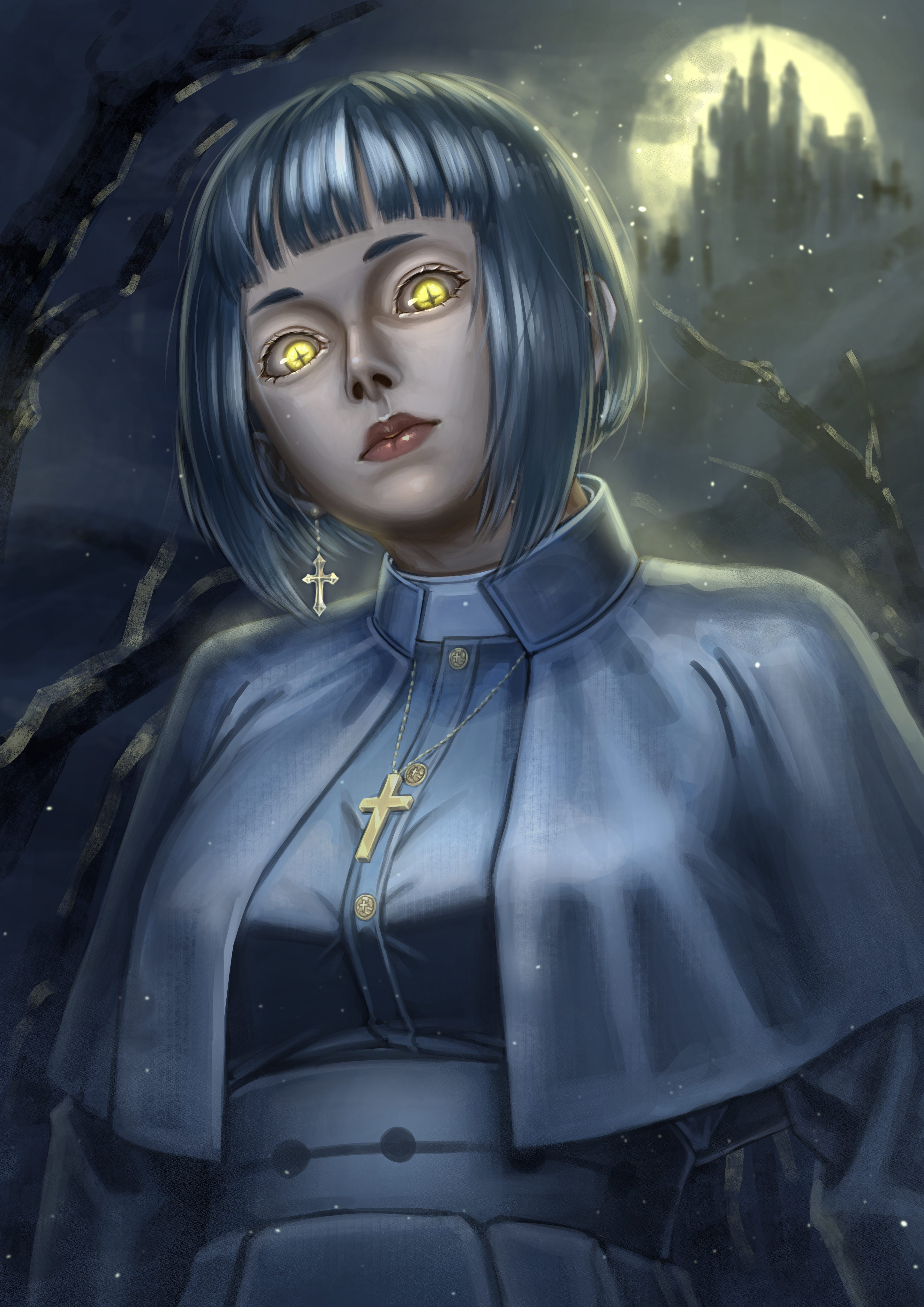 kai hadaly, original, absurdres, commentary, highres, 1girl, castle, cross, cross earrings, cross necklace, earrings, jewelry, necklace, short hair, solo, tree, yellow eyes