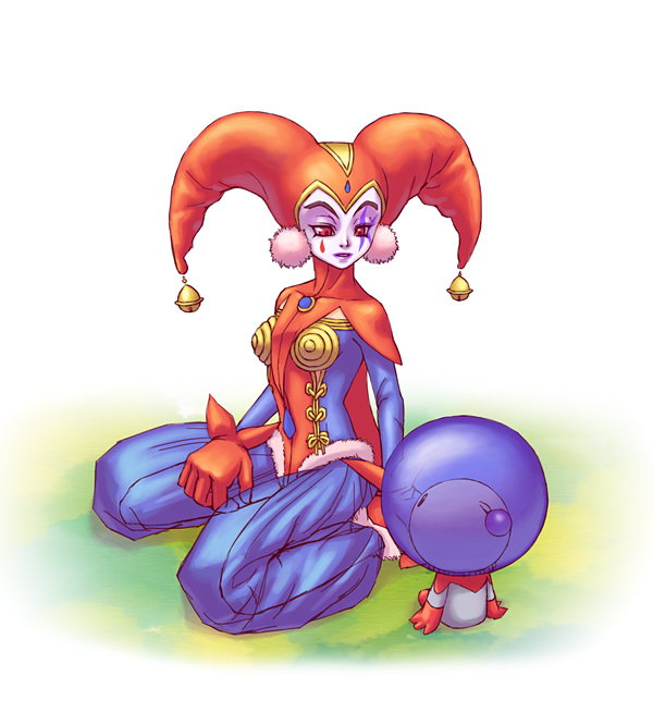 ryusei syrup soda, harle (chrono cross), hoshi no ko, chrono (series), chrono cross, 1girl, alien, facepaint, hand on own thigh, harem pants, harlequin, hat, jester cap, leotard, pants